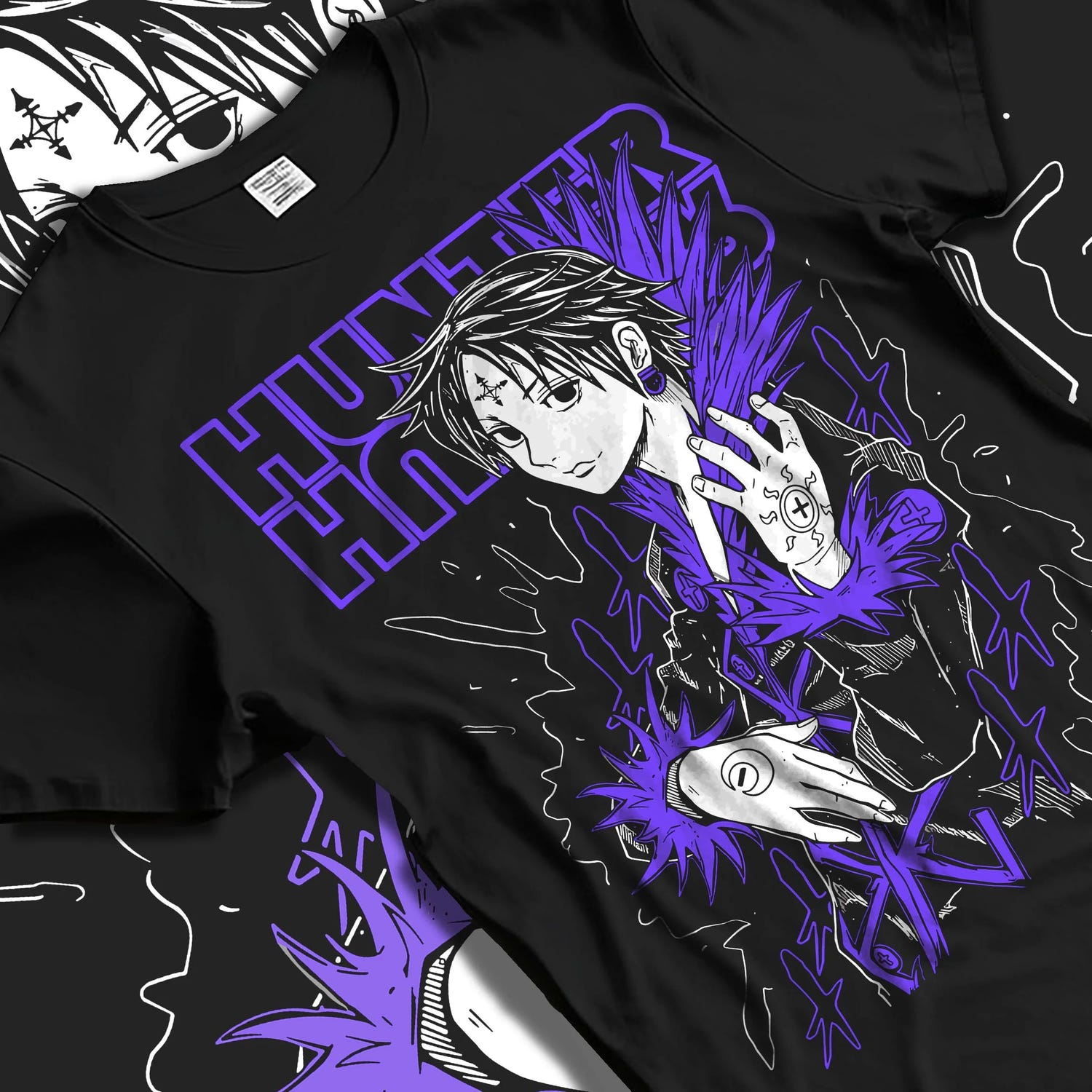 Black T-shirt laid flat with natural folds with Hunter x Hunter Hoodie Chrollo Hisoka Encounter Jumper graphic streetwear graphic.
