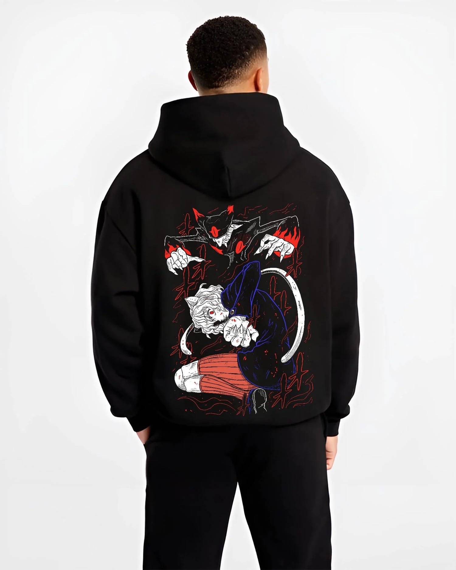 Black hoodie worn by male model, back view with Hunter x Hunter Hoodie Killua Zoldyck Lightning Jumper graphic premium wear.