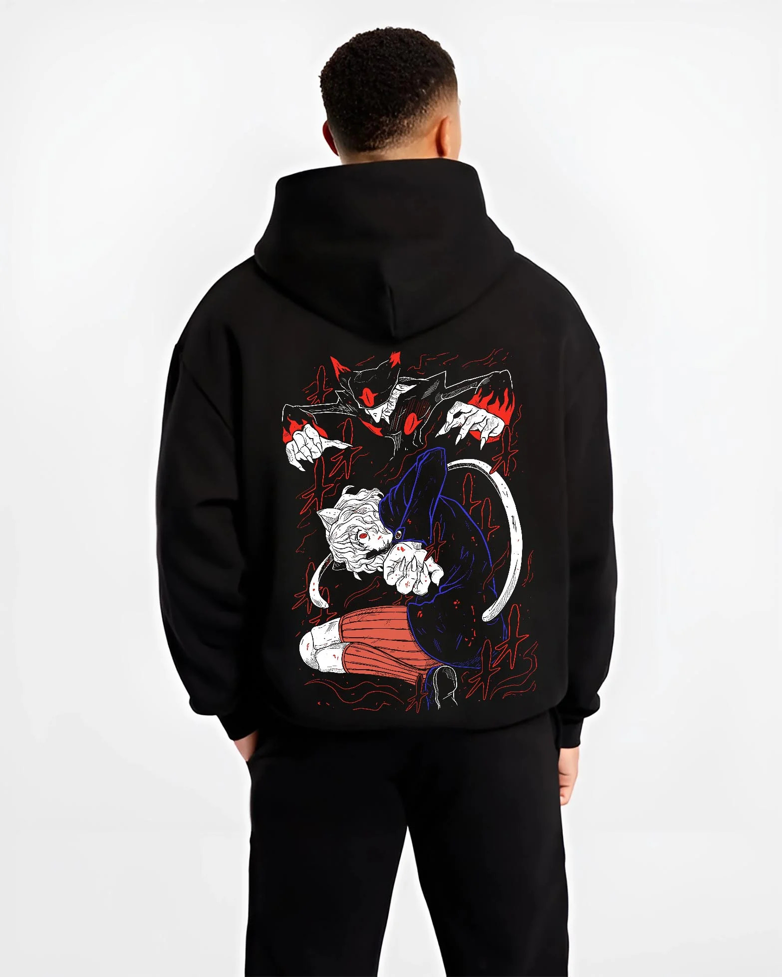 Black hoodie worn by male model, back view with Hunter x Hunter Hoodie Killua Zoldyck Lightning Jumper graphic premium wear.