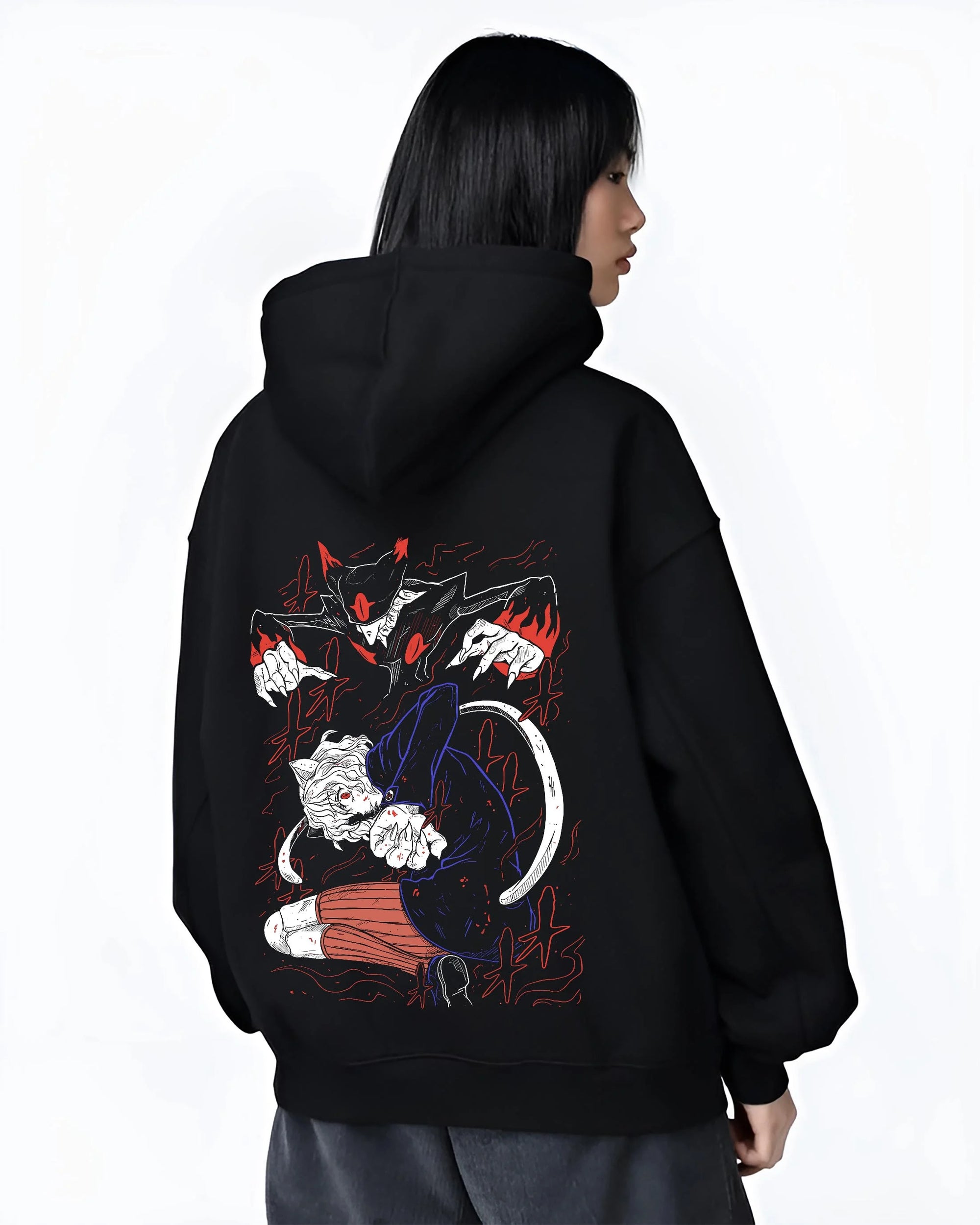 Black hoodie worn by female model, back view with Hunter x Hunter Hoodie Killua Zoldyck Lightning Jumper graphic streetwear graphic.