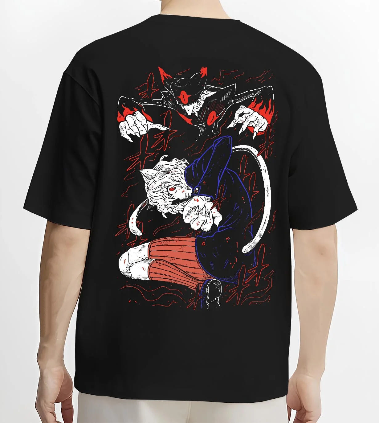 Black T-shirt worn by male model, back view with Hunter x Hunter Hoodie Killua Zoldyck Lightning Jumper graphic bold anime graphic.
