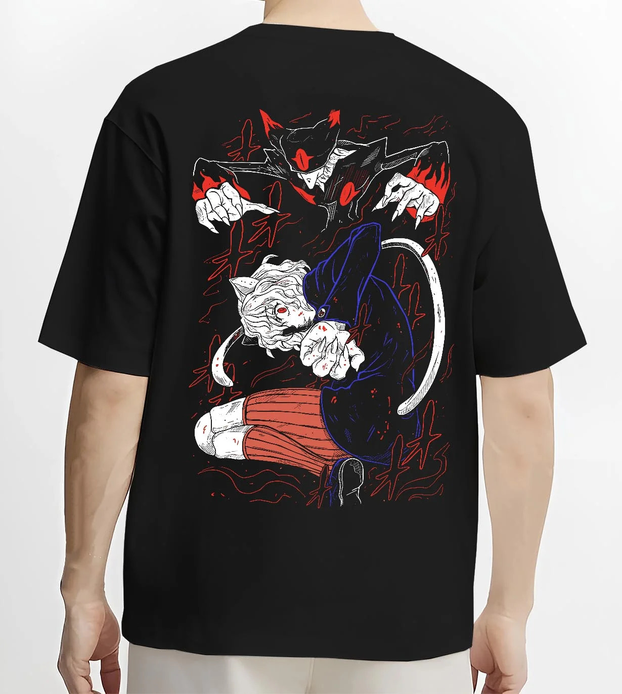 Black T-shirt worn by male model, back view with Hunter x Hunter Hoodie Killua Zoldyck Lightning Jumper graphic bold anime graphic.