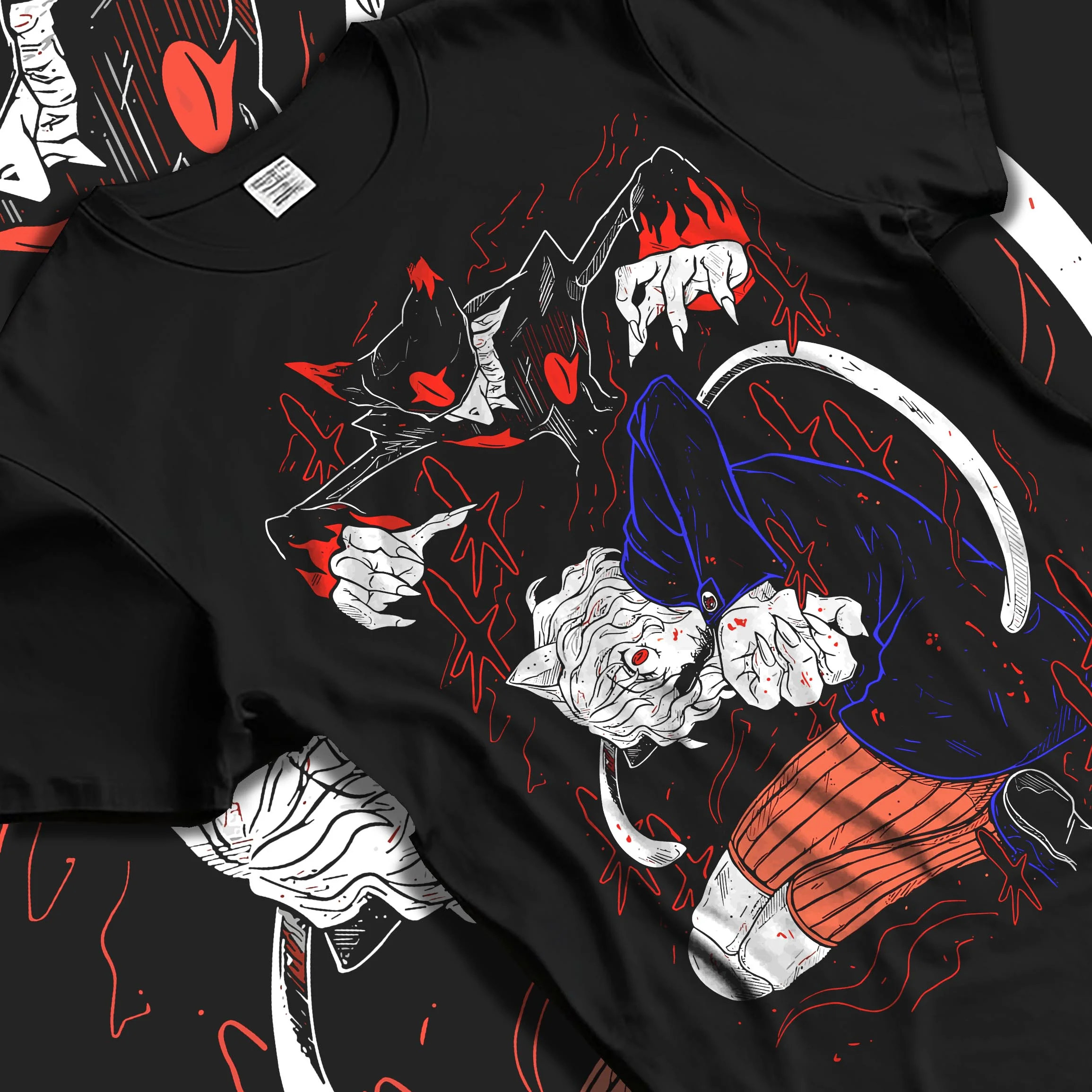 Black T-shirt laid flat with natural folds with Hunter x Hunter Hoodie Killua Zoldyck Lightning Jumper graphic streetwear graphic.