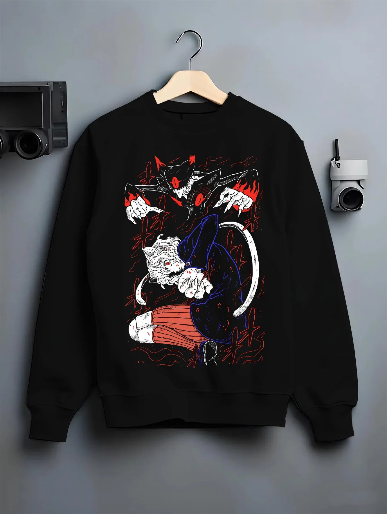Black crewneck sweatshirt on hanger with Hunter x Hunter Hoodie Killua Zoldyck Lightning Jumper graphic premium wear.
