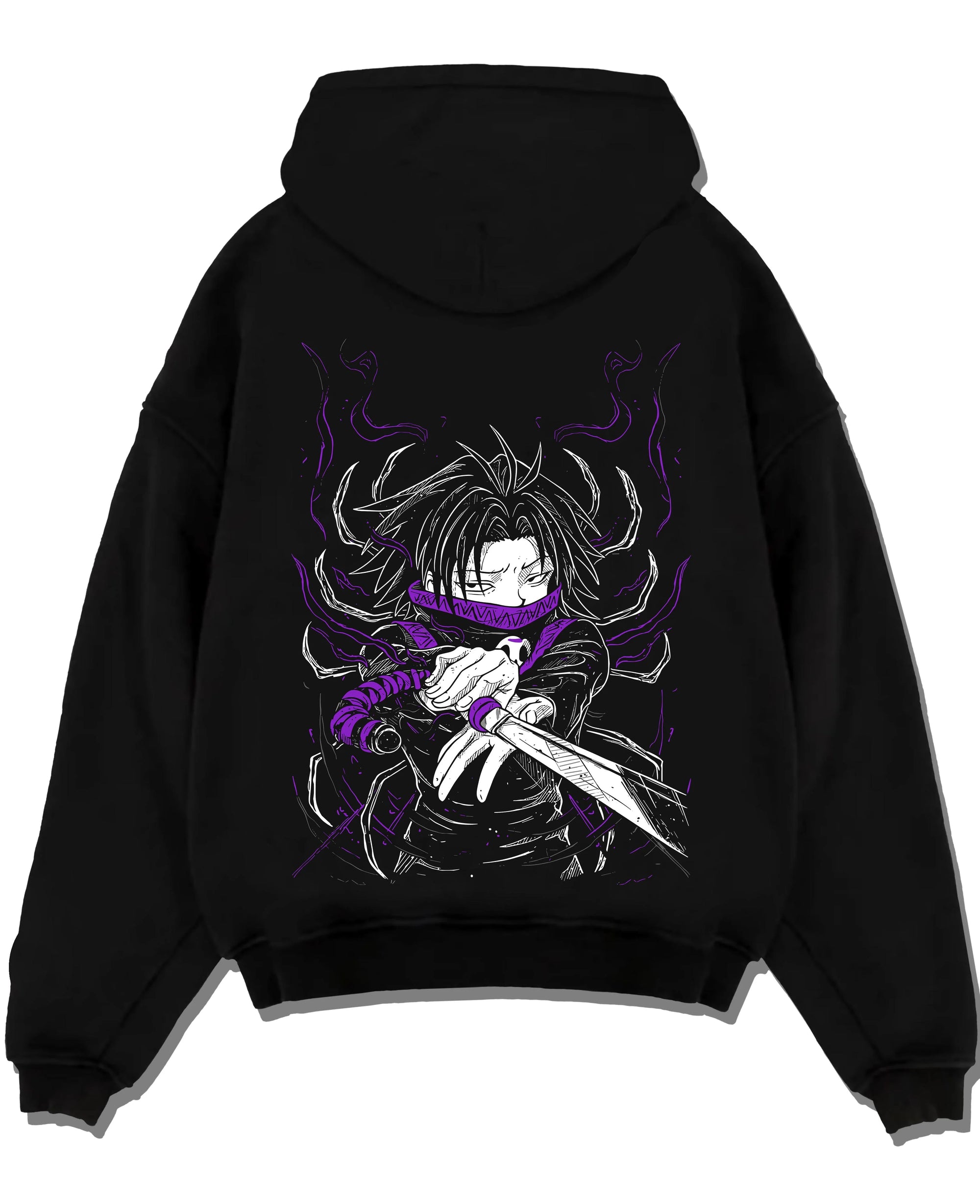 Black pullover hoodie laid flat with Hunter x Hunter Hoodie Kurapika Scarlet Eyes Jumper graphic premium wear.