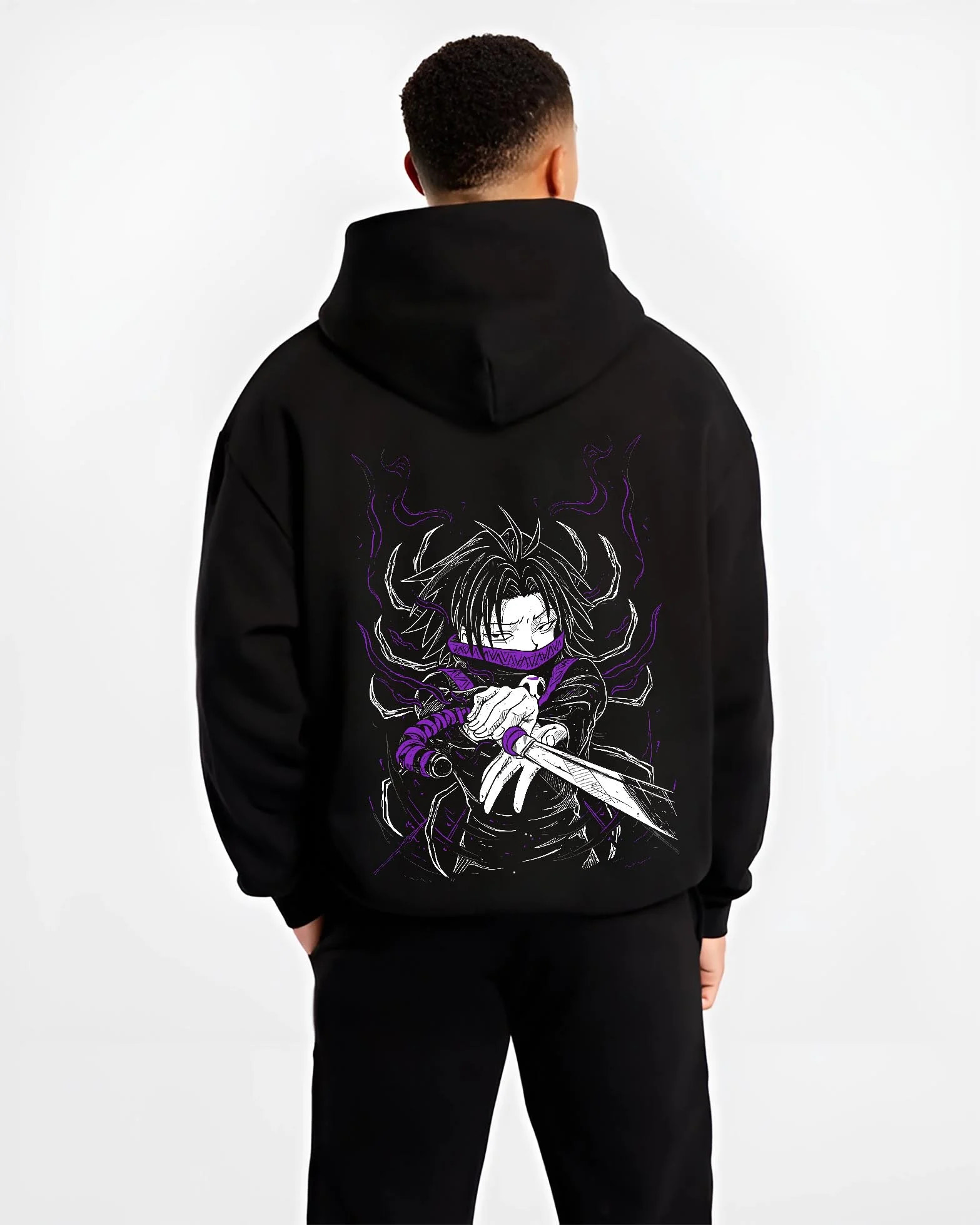 Black hoodie worn by male model, back view with Hunter x Hunter Hoodie Kurapika Scarlet Eyes Jumper graphic streetwear graphic.