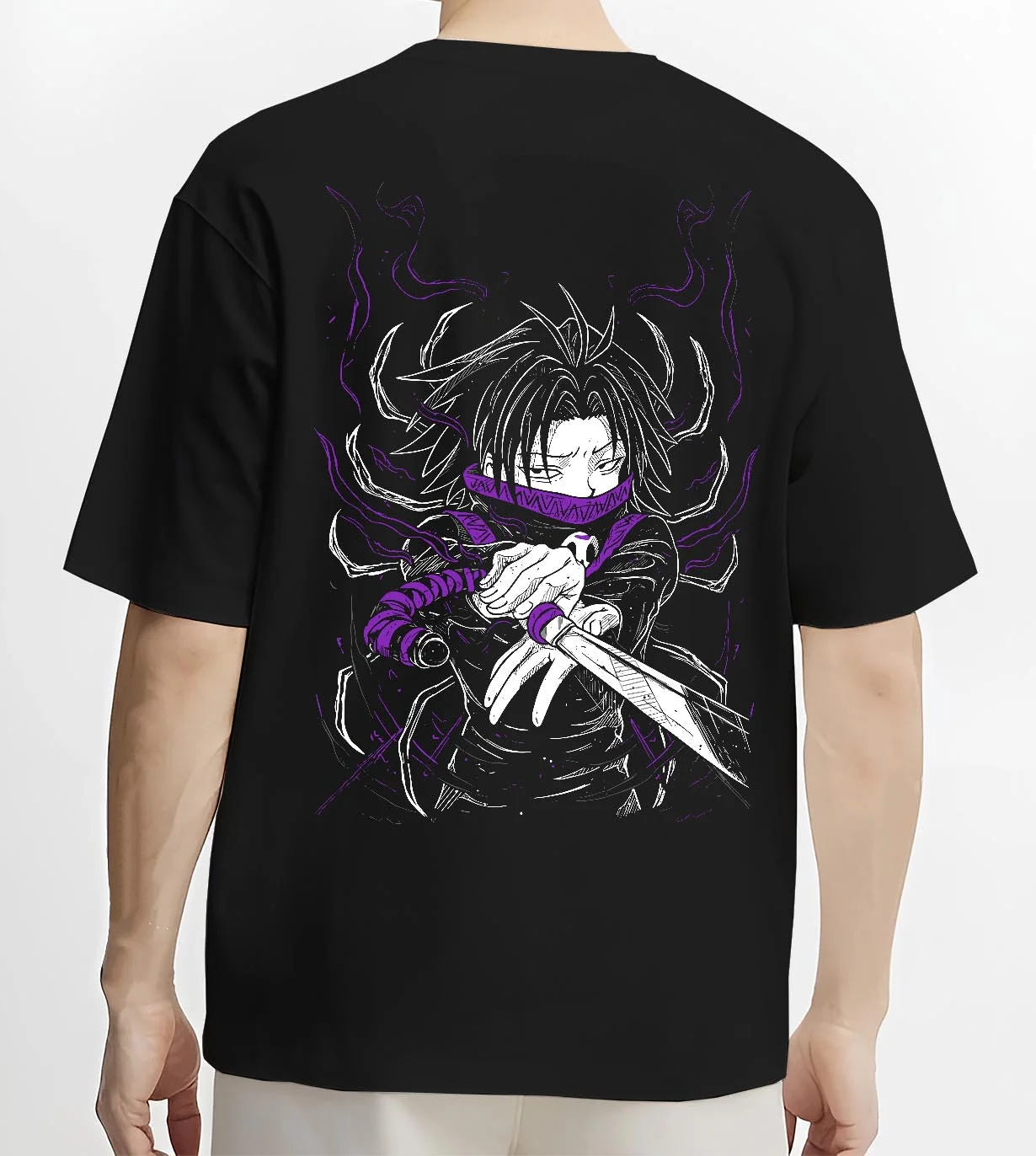 Black T-shirt worn by male model, back view with Hunter x Hunter Hoodie Kurapika Scarlet Eyes Jumper graphic bold anime graphic.