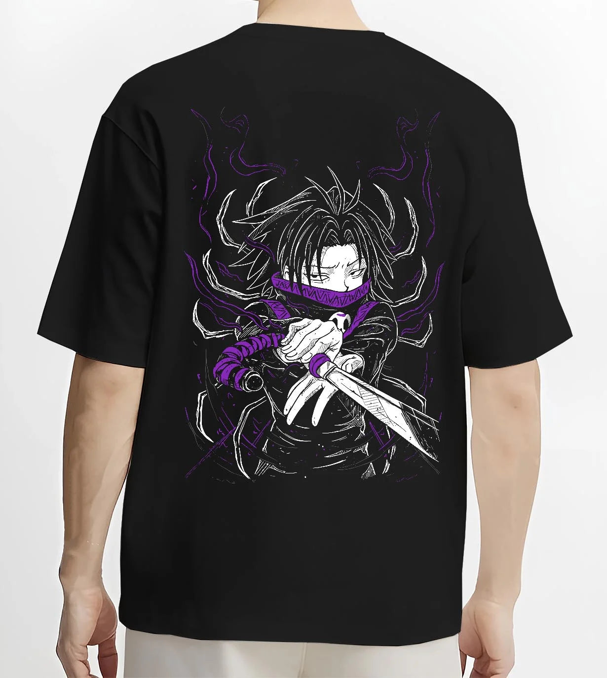 Black T-shirt worn by male model, back view with Hunter x Hunter Hoodie Kurapika Scarlet Eyes Jumper graphic bold anime graphic.