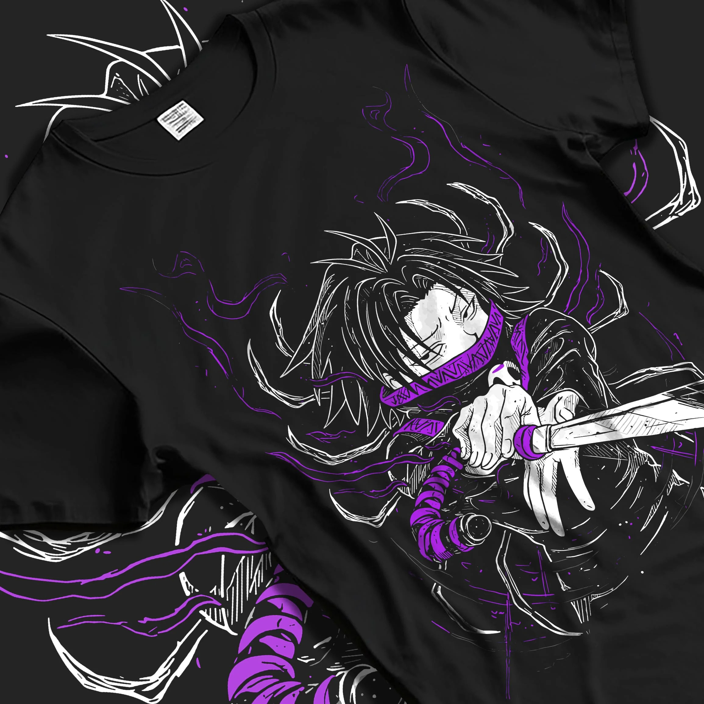 Black T-shirt laid flat with natural folds with Hunter x Hunter Hoodie Kurapika Scarlet Eyes Jumper graphic bold anime graphic.