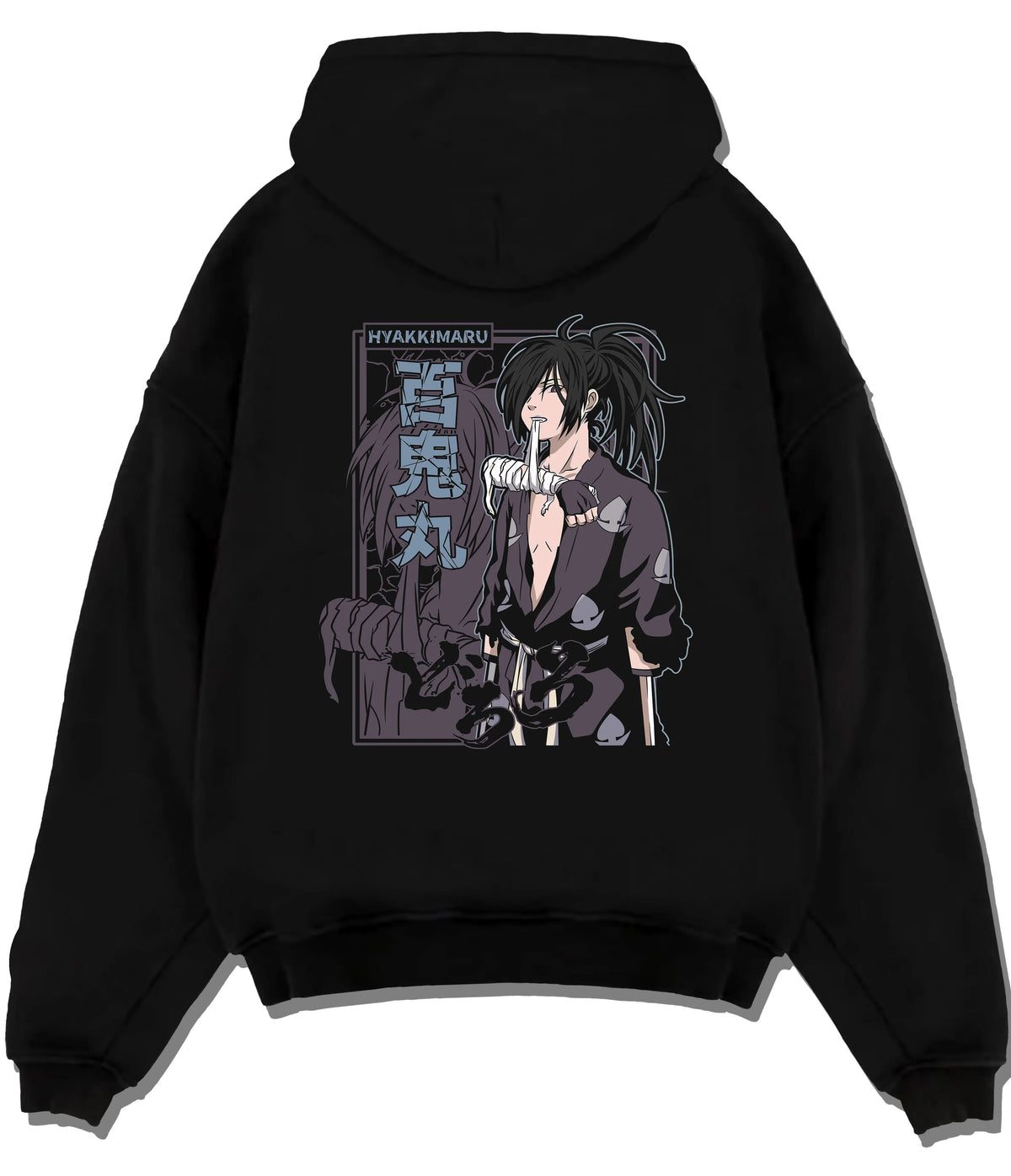 Black hoodie flat back view showing Hyakkimaru from Dororo: Dororo monochrome portrait