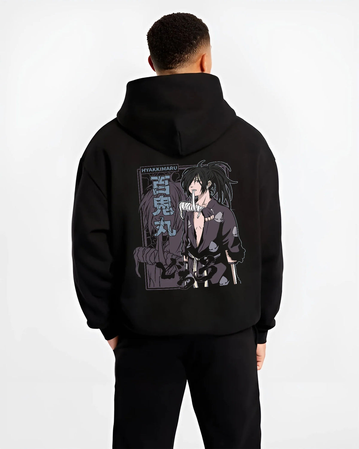 Black hoodie model back view showing Hyakkimaru from Dororo: Dororo monochrome portrait