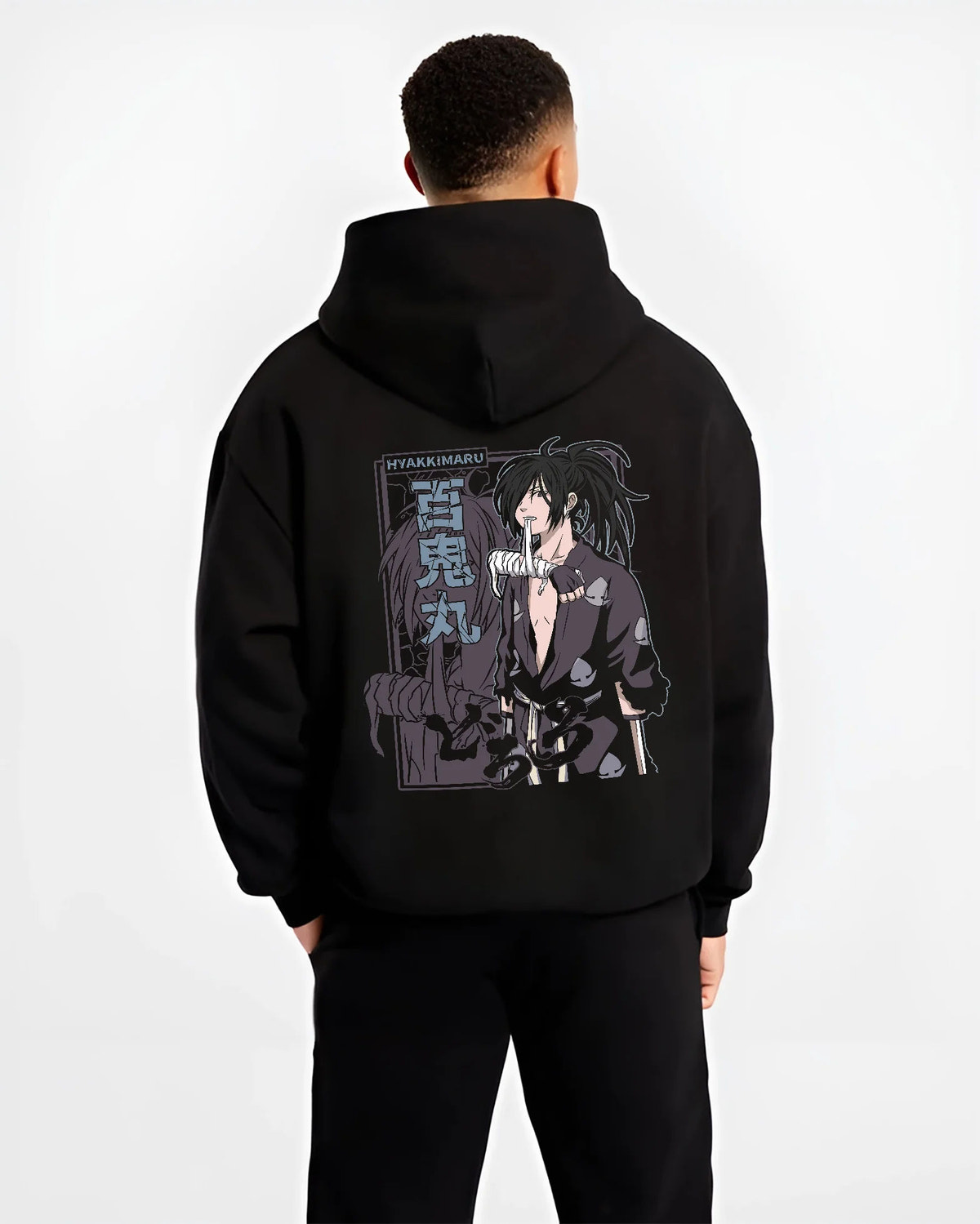 Black hoodie model back view showing Hyakkimaru from Dororo: Dororo monochrome portrait