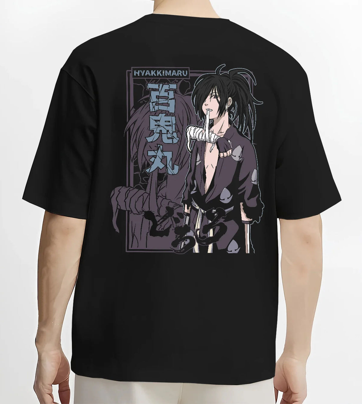 Black T-shirt model back view showing Hyakkimaru from Dororo: Dororo monochrome portrait