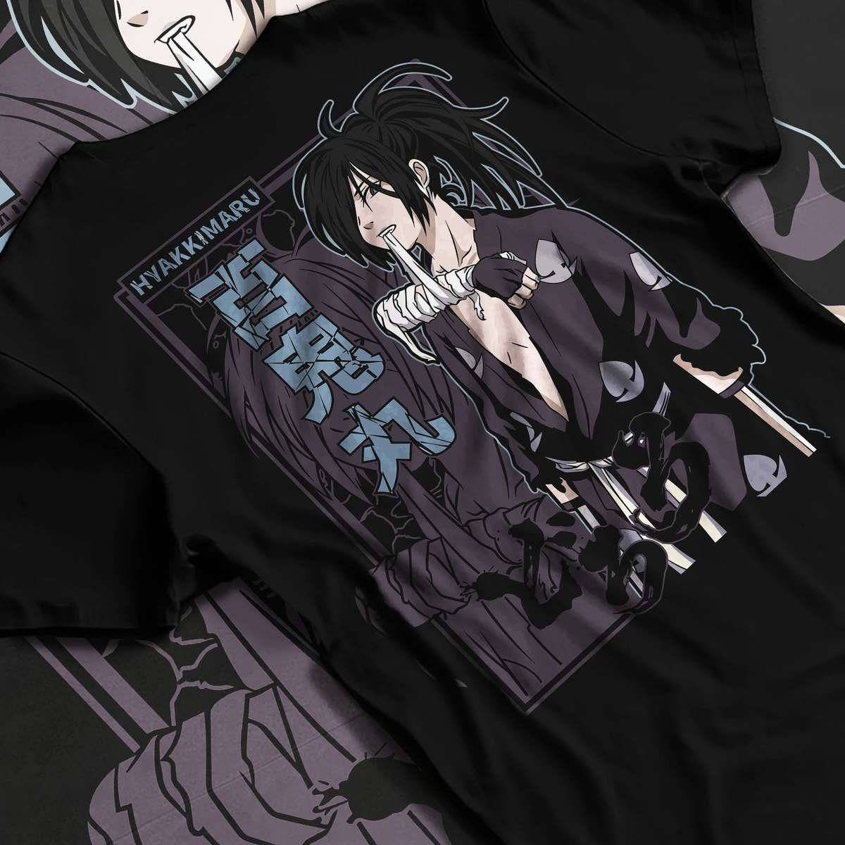 Black T-shirt flat back view showing Hyakkimaru from Dororo: Dororo monochrome portrait