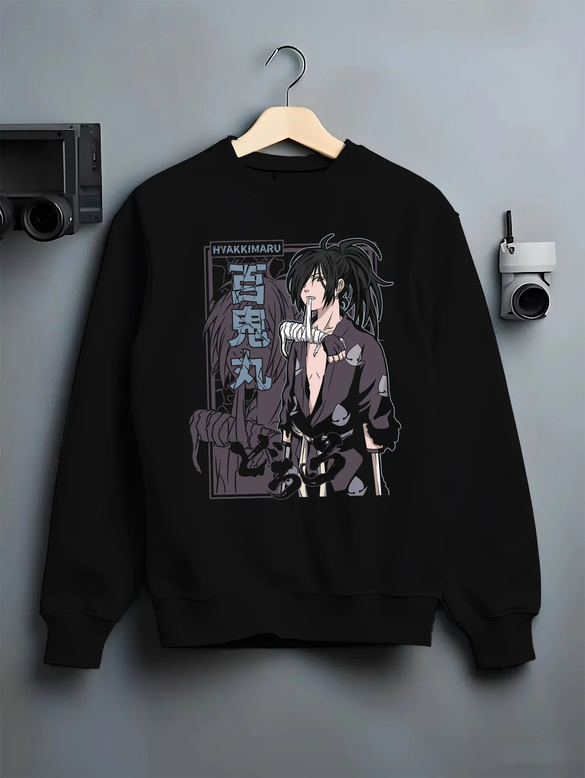 Black crewneck sweatshirt on hanger showing Hyakkimaru from Dororo: Dororo monochrome portrait