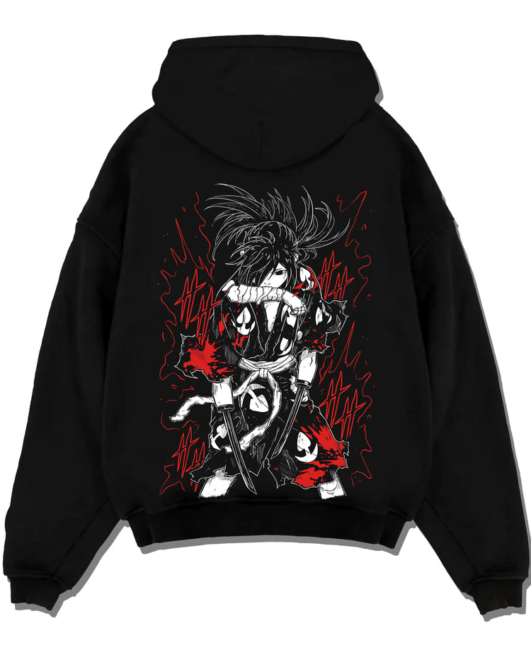 Black pullover hoodie laid flat with Dororo Hoodie Hyakkimaru Sword Fighter Jumper graphic streetwear graphic.