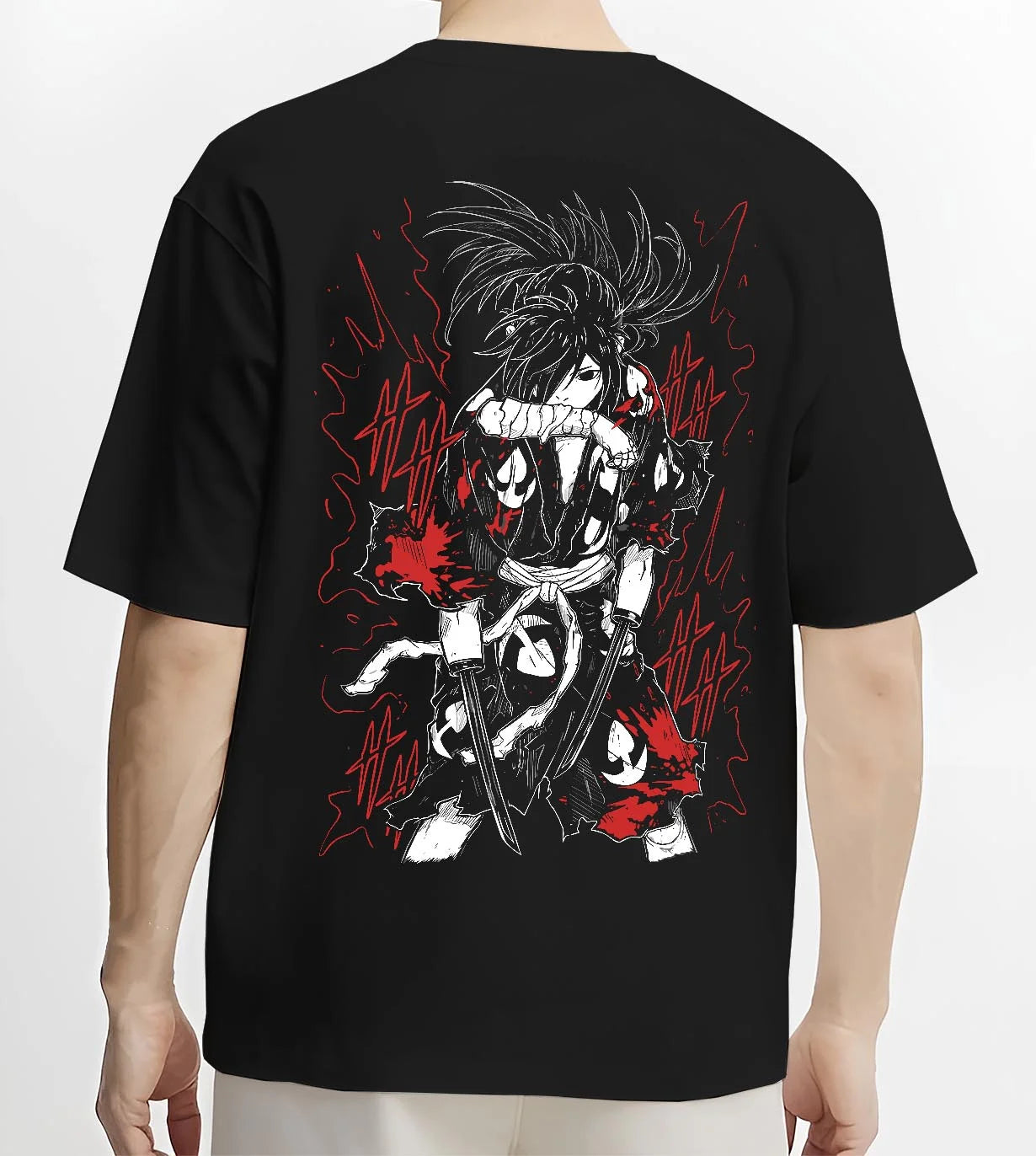Black T-shirt worn by male model, back view with Dororo Hoodie Hyakkimaru Sword Fighter Jumper graphic bold anime graphic.
