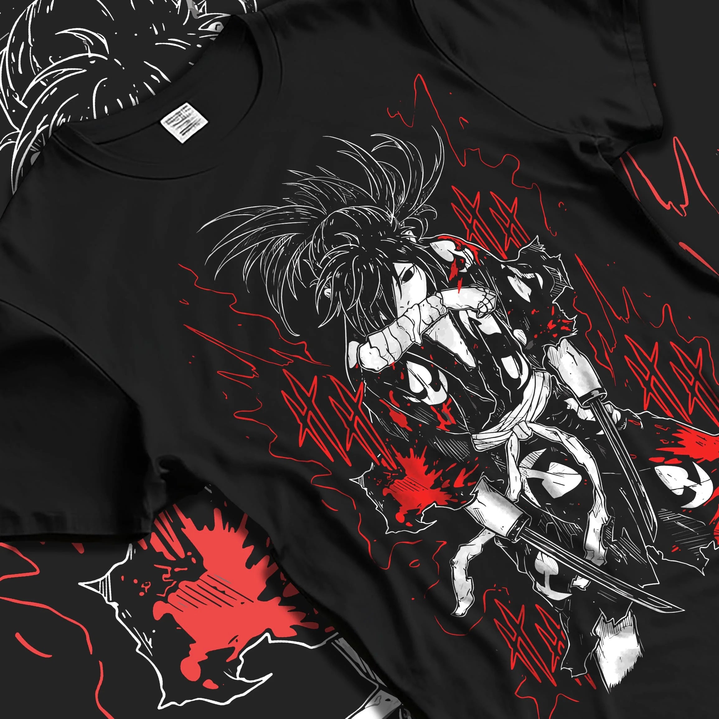 Black T-shirt laid flat with natural folds with Dororo Hoodie Hyakkimaru Sword Fighter Jumper graphic premium wear.