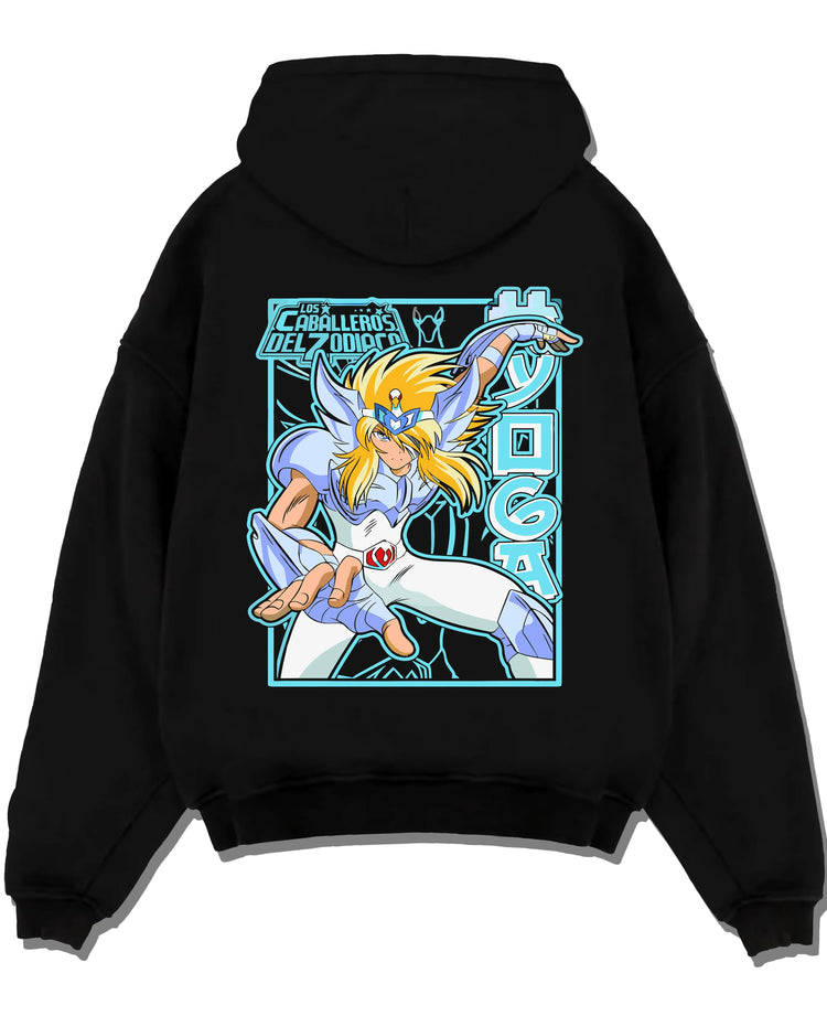 Black pullover hoodie laid flat with Saint Seiya Hoodie Cygnus Hyoga Classic Pose Jumper graphic bold anime graphic.