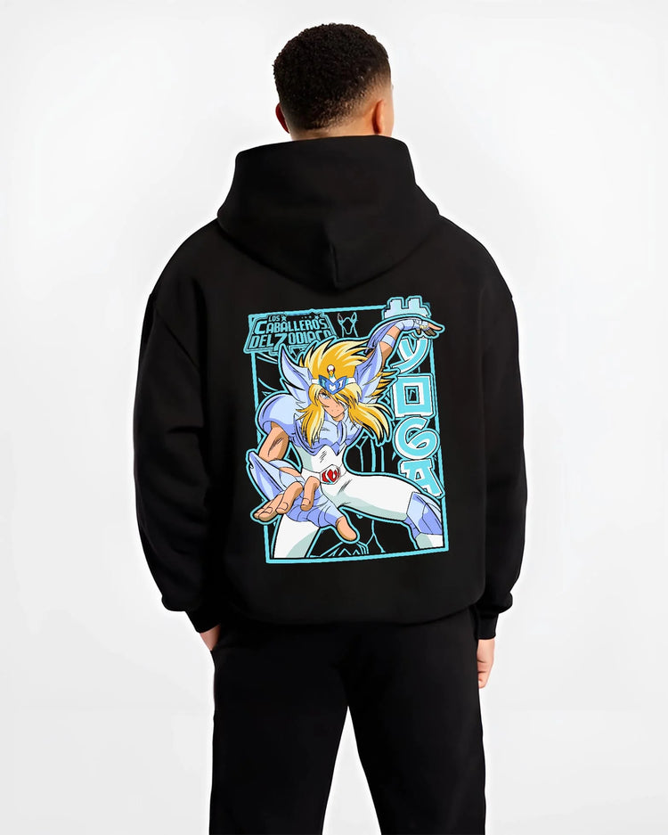 Black hoodie worn by male model, back view with Saint Seiya Hoodie Cygnus Hyoga Classic Pose Jumper graphic streetwear graphic.