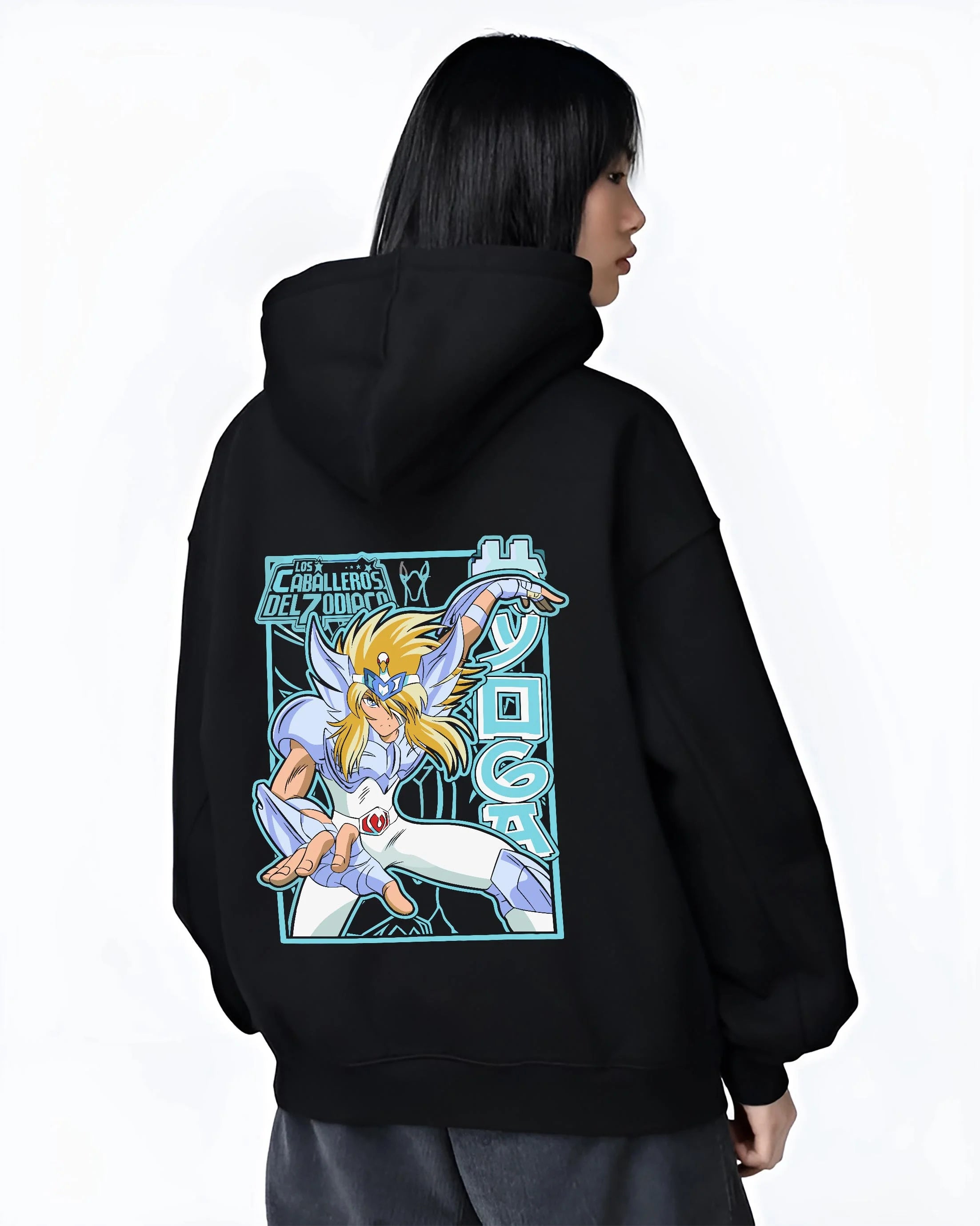 Black hoodie worn by female model, back view with Saint Seiya Hoodie Cygnus Hyoga Classic Pose Jumper graphic Hyoga anime design.
