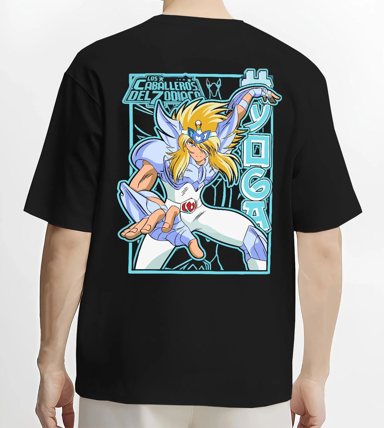Black T-shirt worn by male model, back view with Saint Seiya Hoodie Cygnus Hyoga Classic Pose Jumper graphic Hyoga anime design.