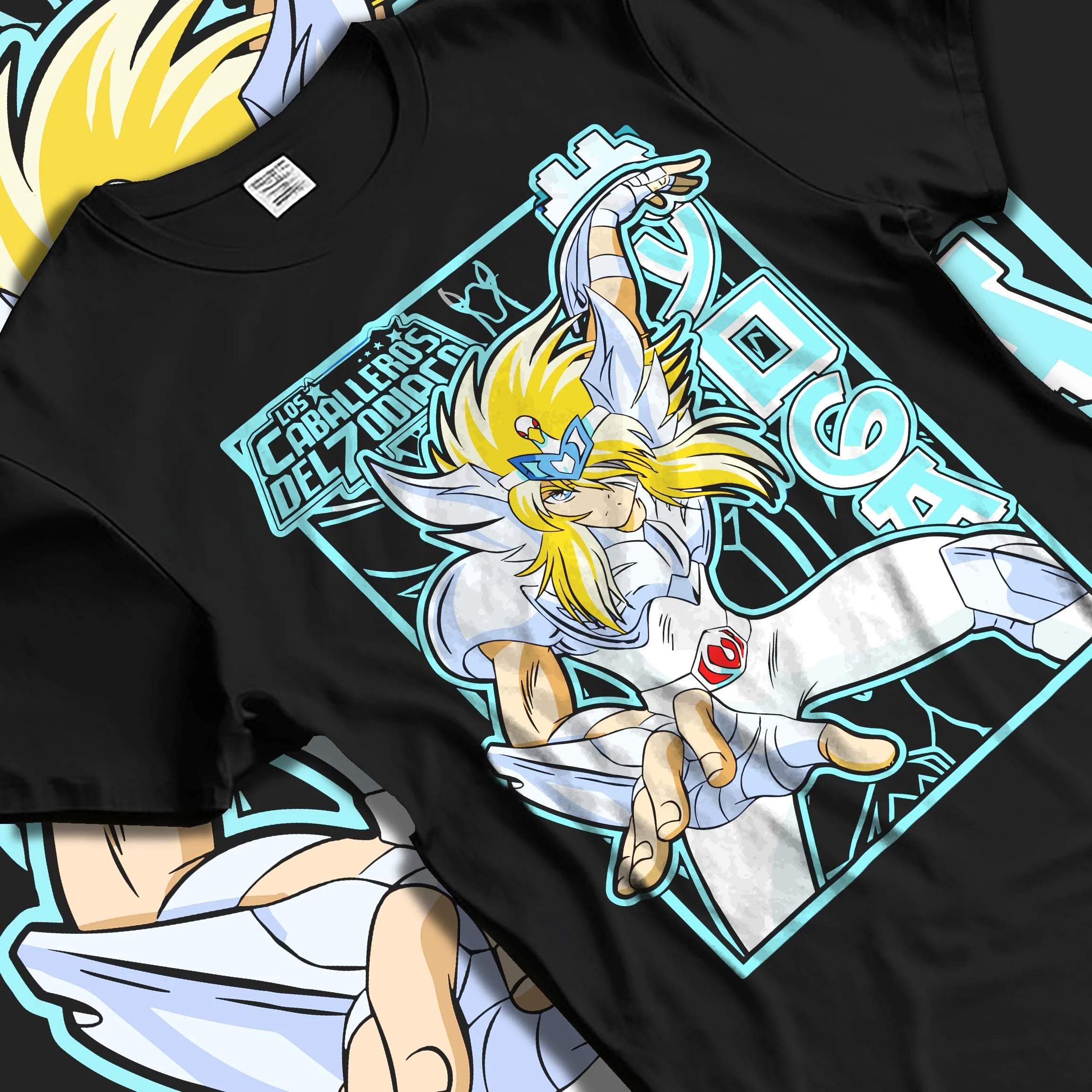 Black T-shirt laid flat with natural folds with Saint Seiya Hoodie Cygnus Hyoga Classic Pose Jumper graphic streetwear graphic.