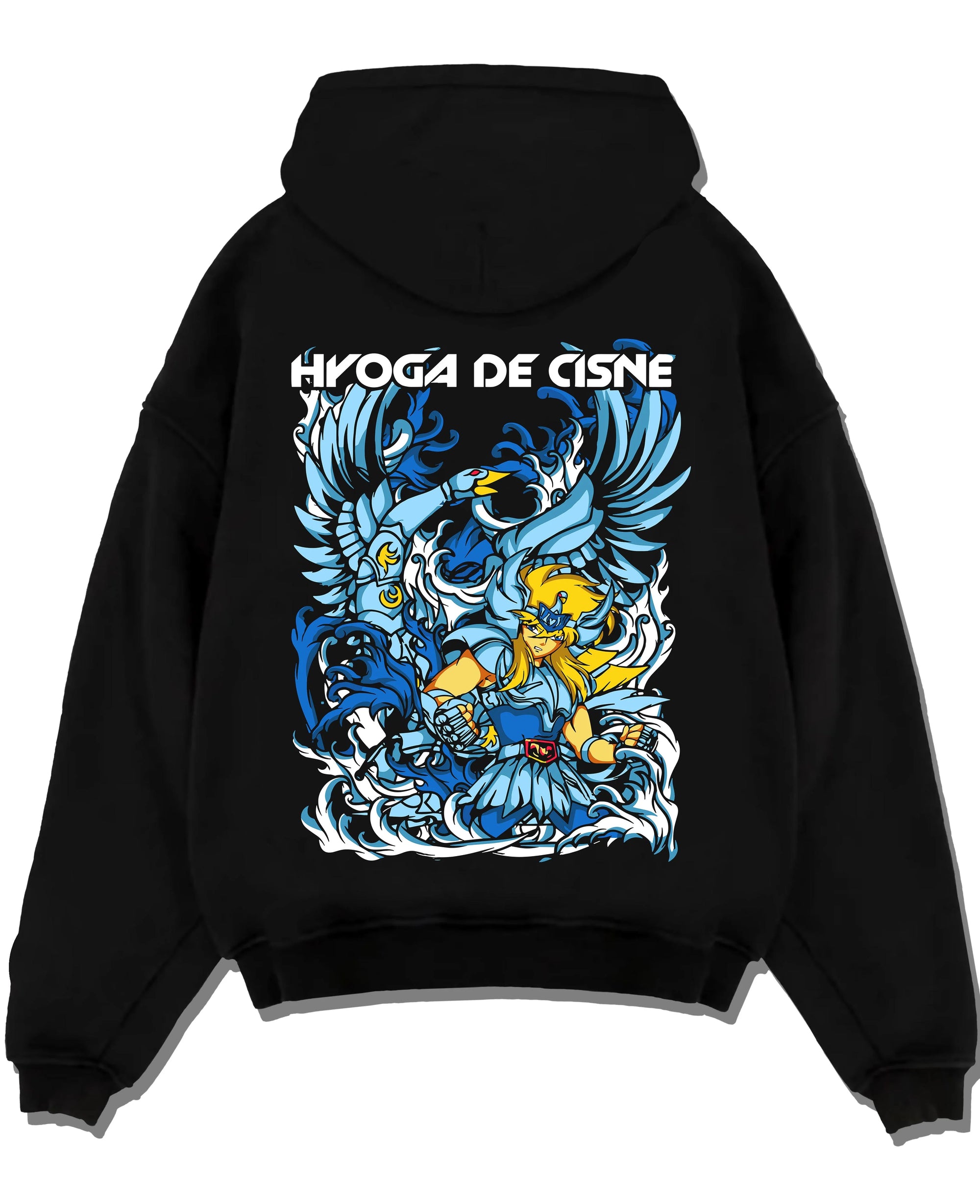 Black pullover hoodie laid flat with Saint Seiya Hoodie Cygnus Hyoga Ice Power Jumper graphic premium wear.