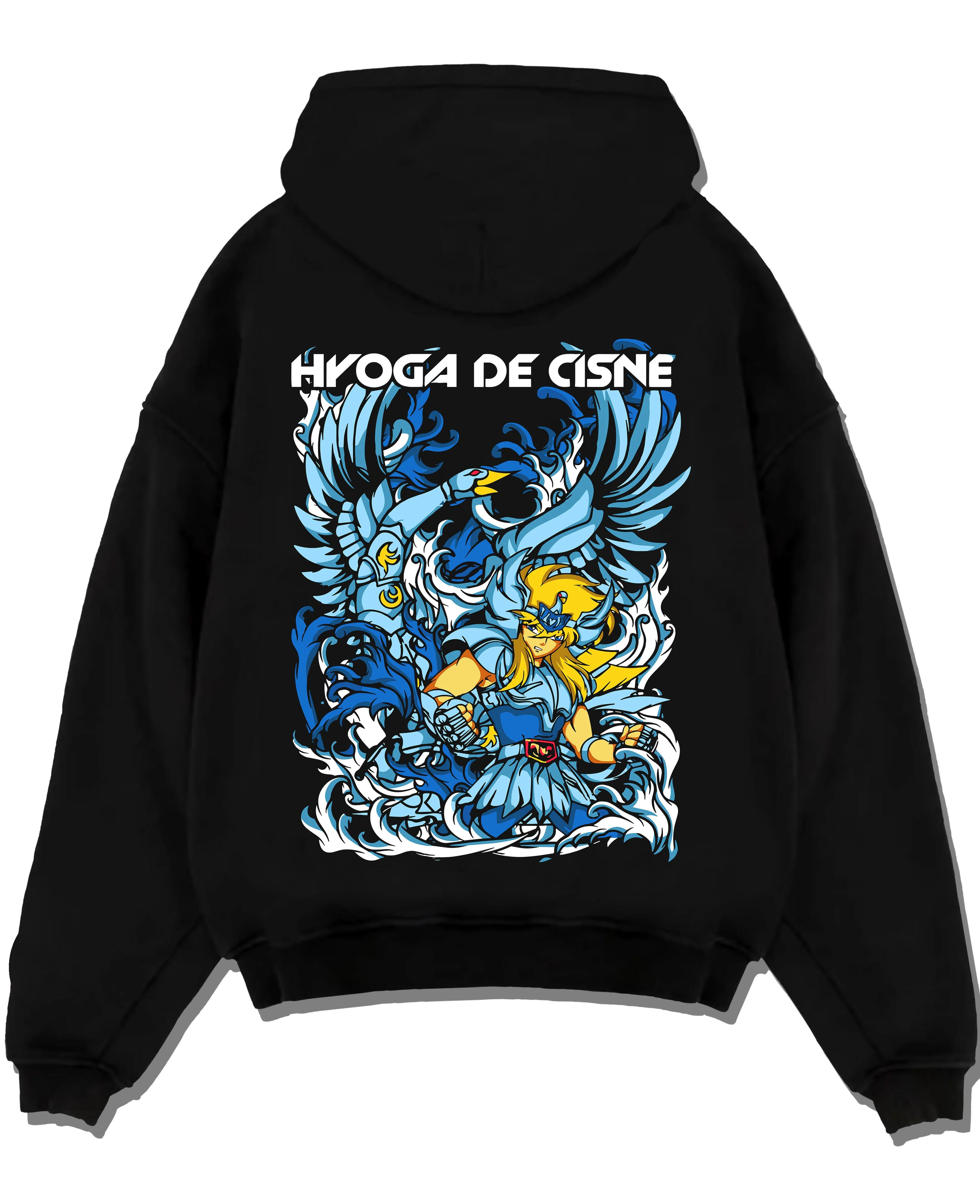 Black pullover hoodie laid flat with Saint Seiya Hoodie Cygnus Hyoga Ice Power Jumper graphic premium wear.