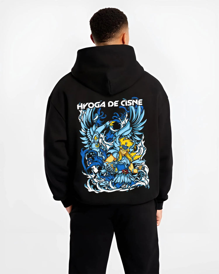 Black hoodie worn by male model, back view with Saint Seiya Hoodie Cygnus Hyoga Ice Power Jumper graphic streetwear graphic.