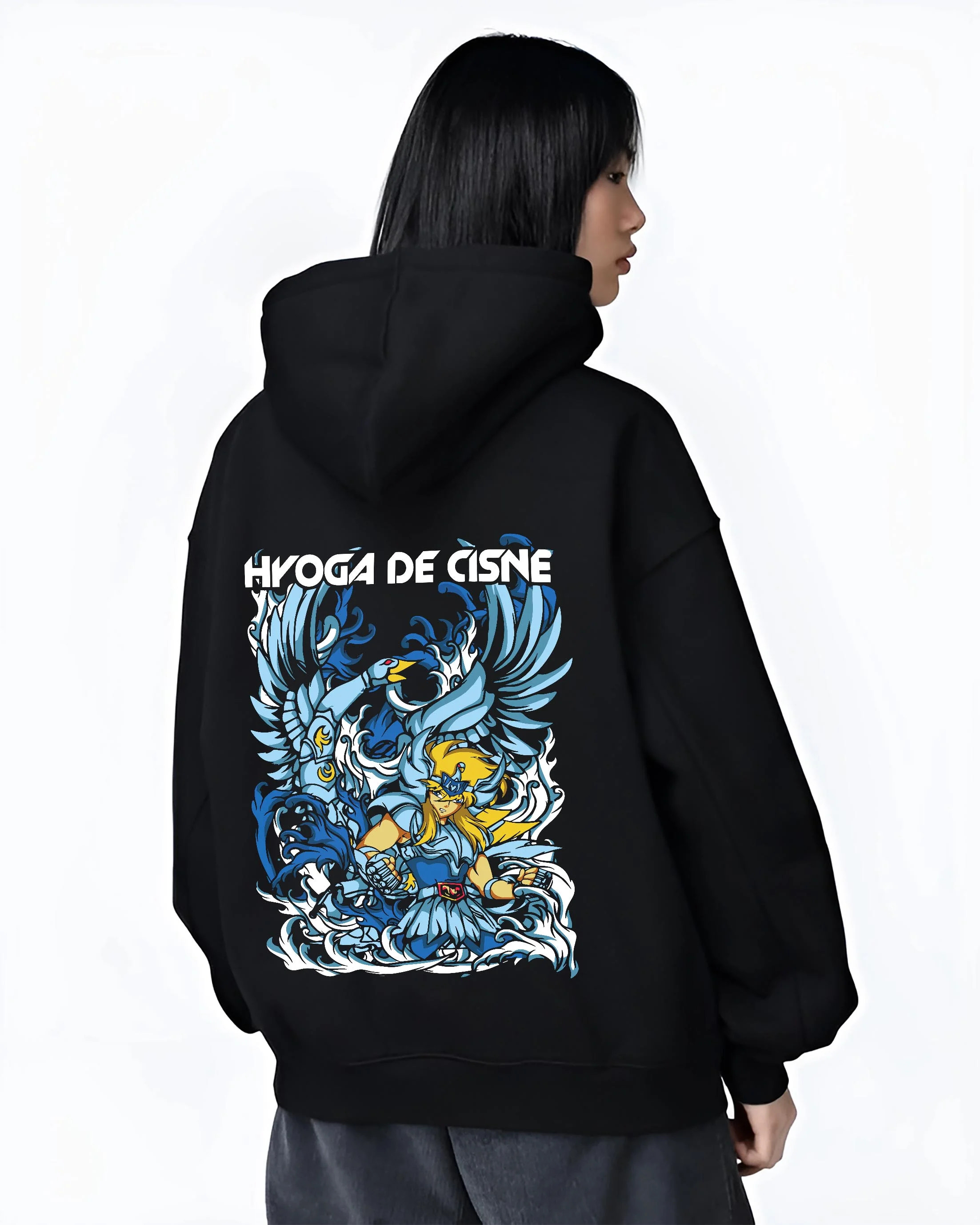Black hoodie worn by female model, back view with Saint Seiya Hoodie Cygnus Hyoga Ice Power Jumper graphic premium wear.