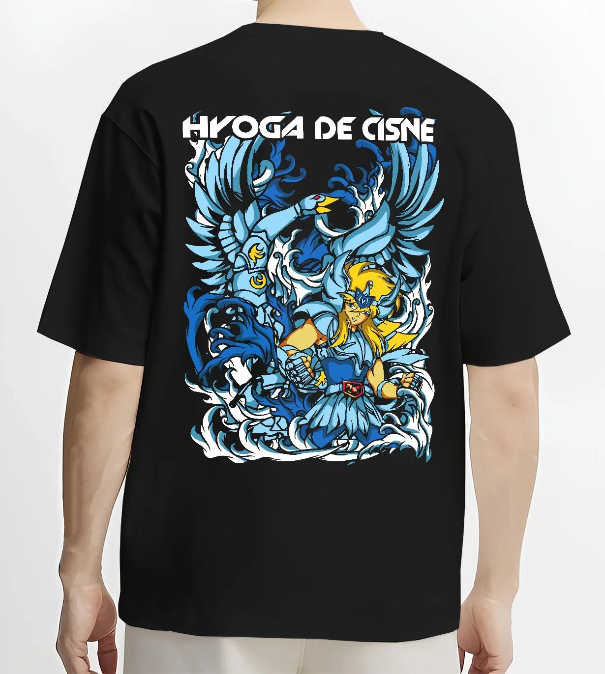 Black T-shirt worn by male model, back view with Saint Seiya Hoodie Cygnus Hyoga Ice Power Jumper graphic streetwear graphic.