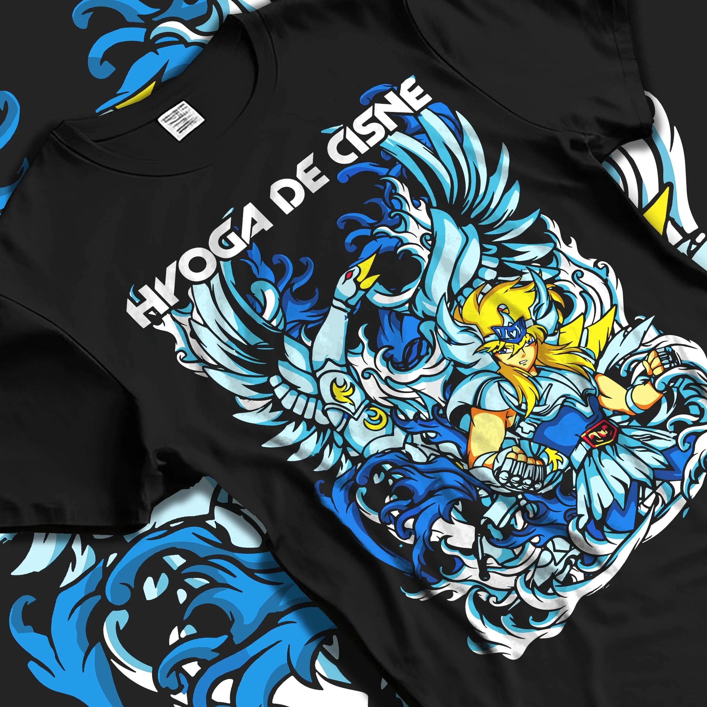 Black T-shirt laid flat with natural folds with Saint Seiya Hoodie Cygnus Hyoga Ice Power Jumper graphic streetwear graphic.