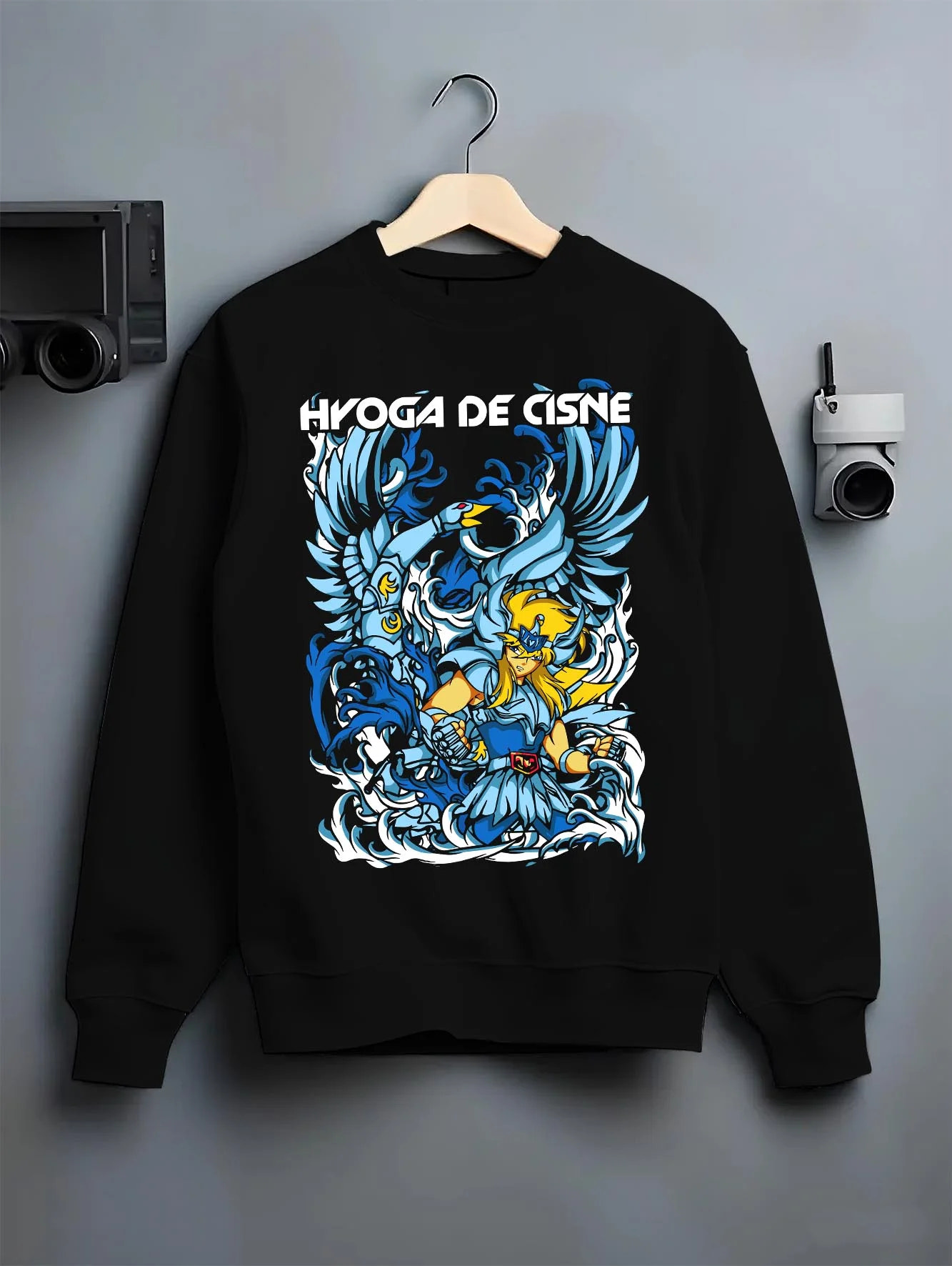 Black crewneck sweatshirt on hanger with Saint Seiya Hoodie Cygnus Hyoga Ice Power Jumper graphic premium wear.