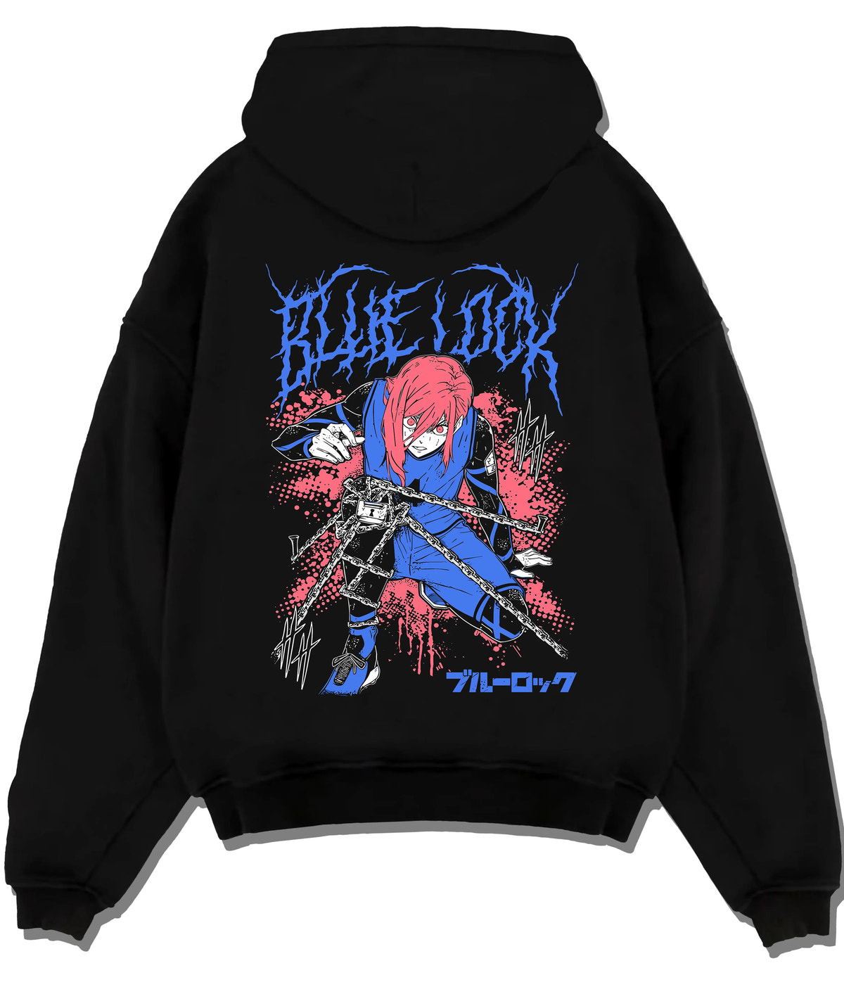 Black hoodie flat back view showing Hyoma Chigiri from Blue Lock: long pink hair and blue football kit