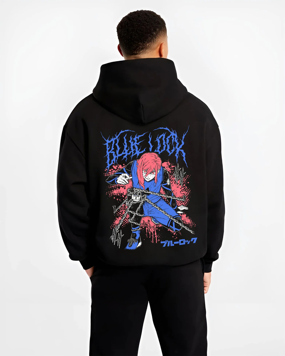Black hoodie model back view showing Hyoma Chigiri from Blue Lock: long pink hair and blue football kit