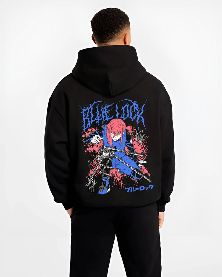 Black hoodie model back view showing Hyoma Chigiri from Blue Lock: long pink hair and blue football kit