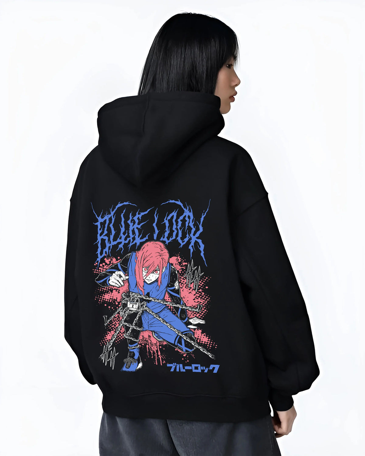 Black hoodie female model back view showing Hyoma Chigiri from Blue Lock: long pink hair and blue football kit