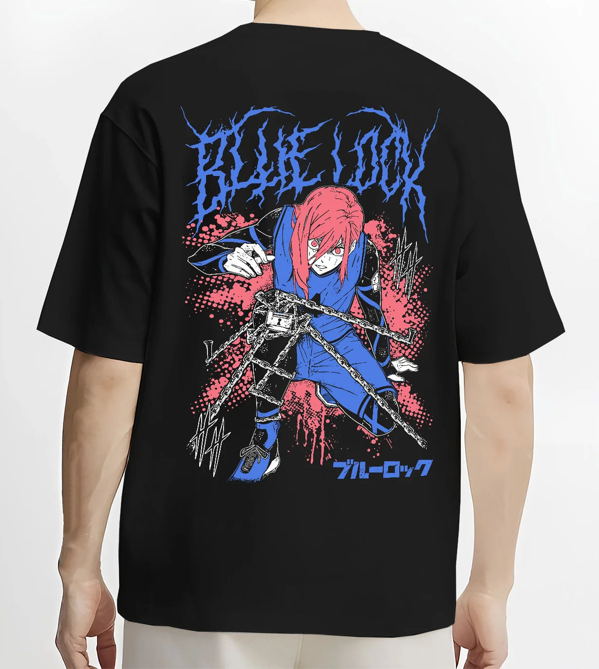 Black T-shirt model back view showing Hyoma Chigiri from Blue Lock: long pink hair and blue football kit