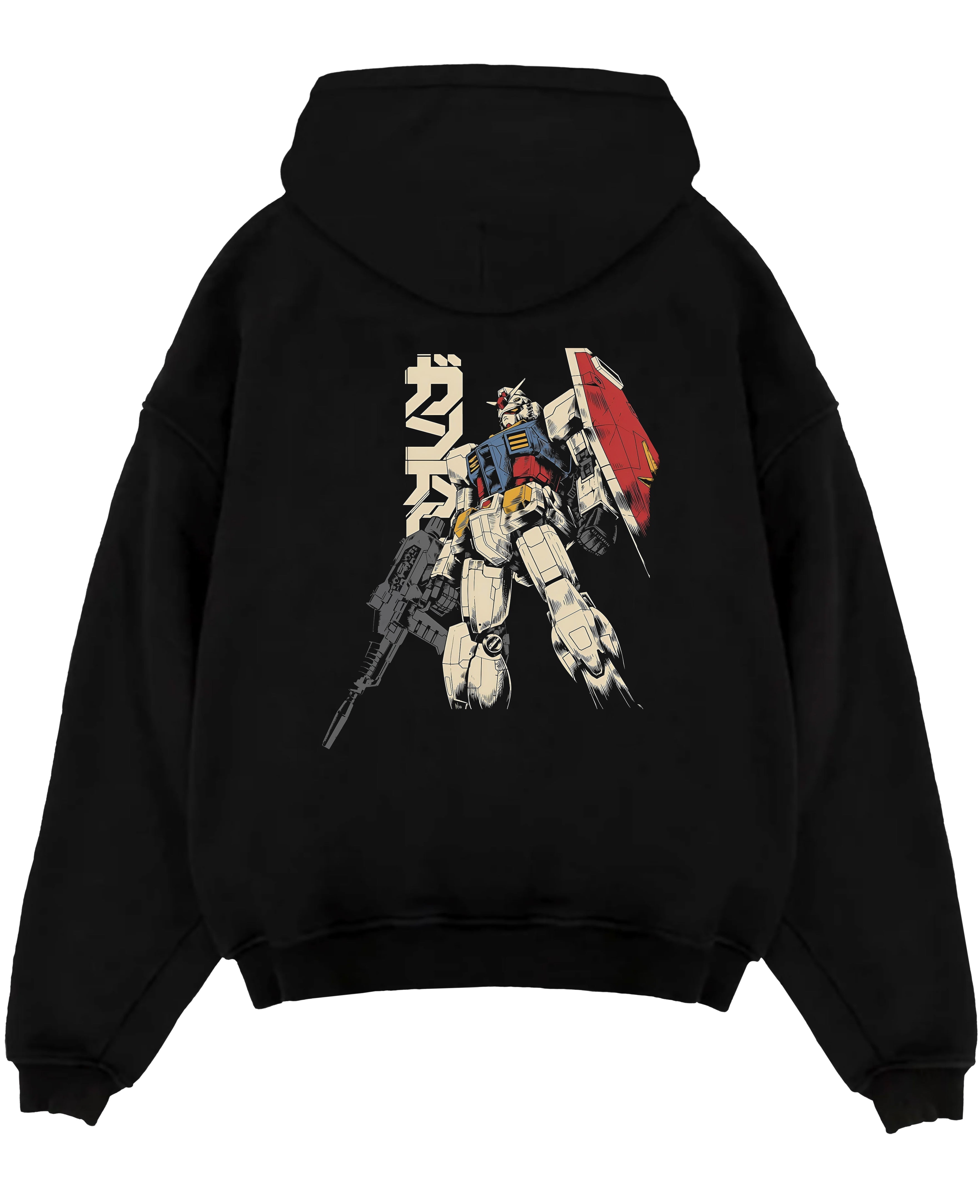 Black pullover hoodie laid flat on a white background, featuring Mobile Suit Gundam retro mecha anime poster inspired design with detailed manga artwork style.