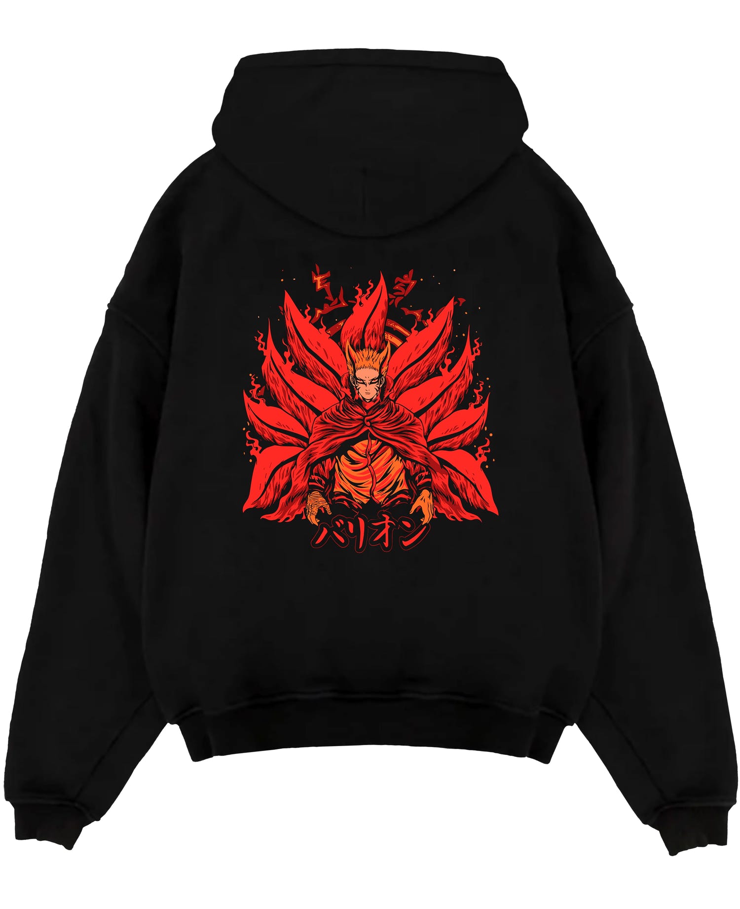 Black pullover hoodie laid flat on a white background, featuring Naruto Baryon Mode anime poster inspired design with fiery retro manga artwork in bold red tones.