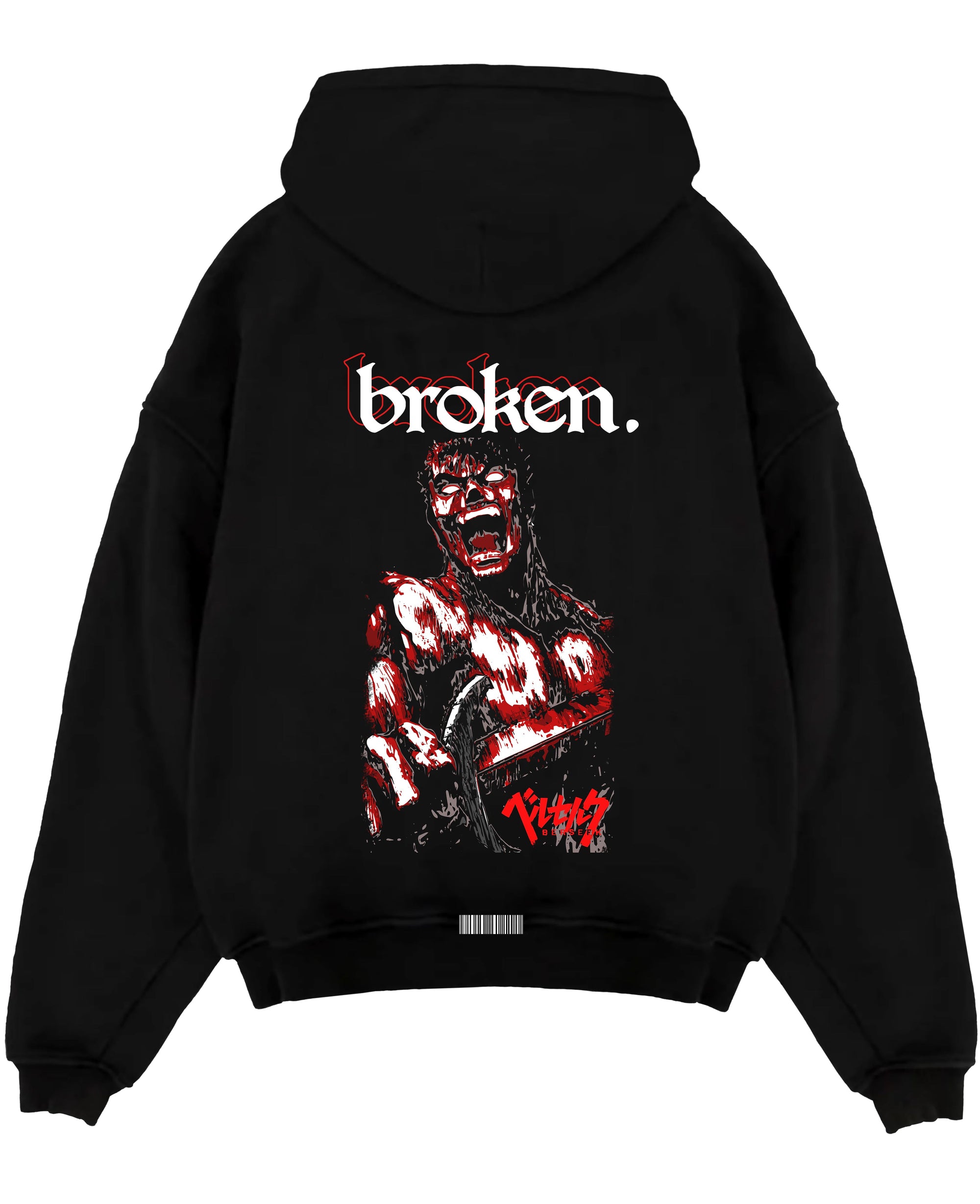 Black pullover hoodie laid flat on a white background, featuring Berserk Guts anime poster inspired design with bloody retro manga artwork and bold “broken” text.