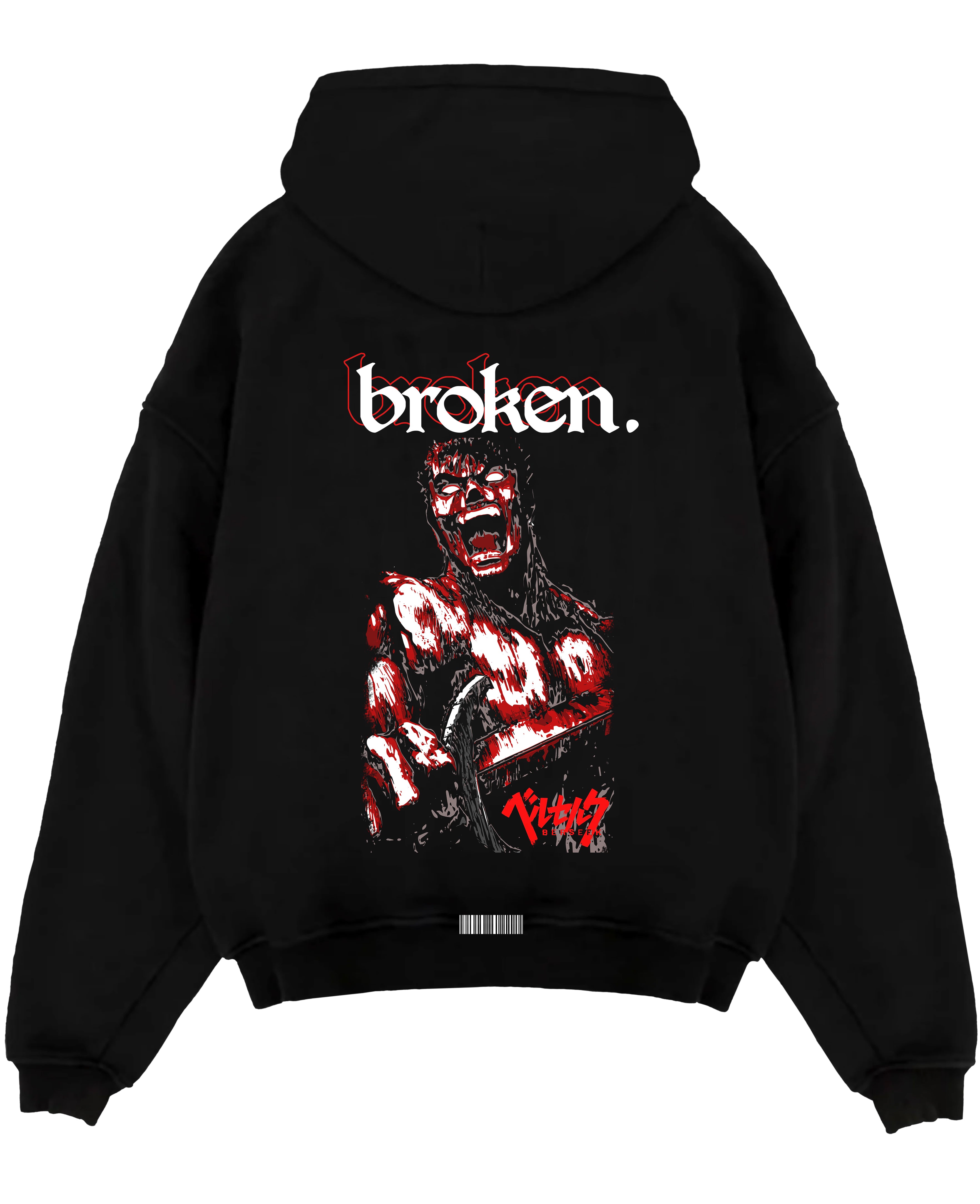 Black pullover hoodie laid flat on a white background, featuring Berserk Guts anime poster inspired design with bloody retro manga artwork and bold “broken” text.