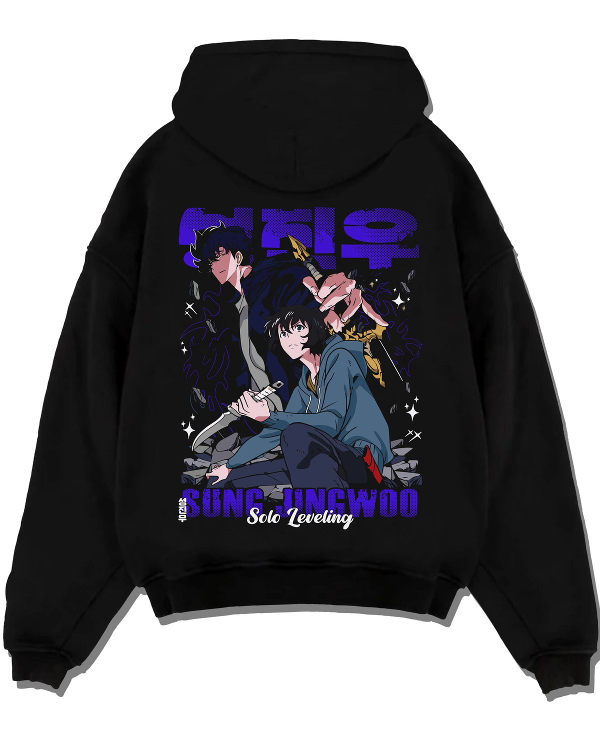 Black hoodie laid flat featuring Sung Jin-Woo ice dragon shadow battle artwork.