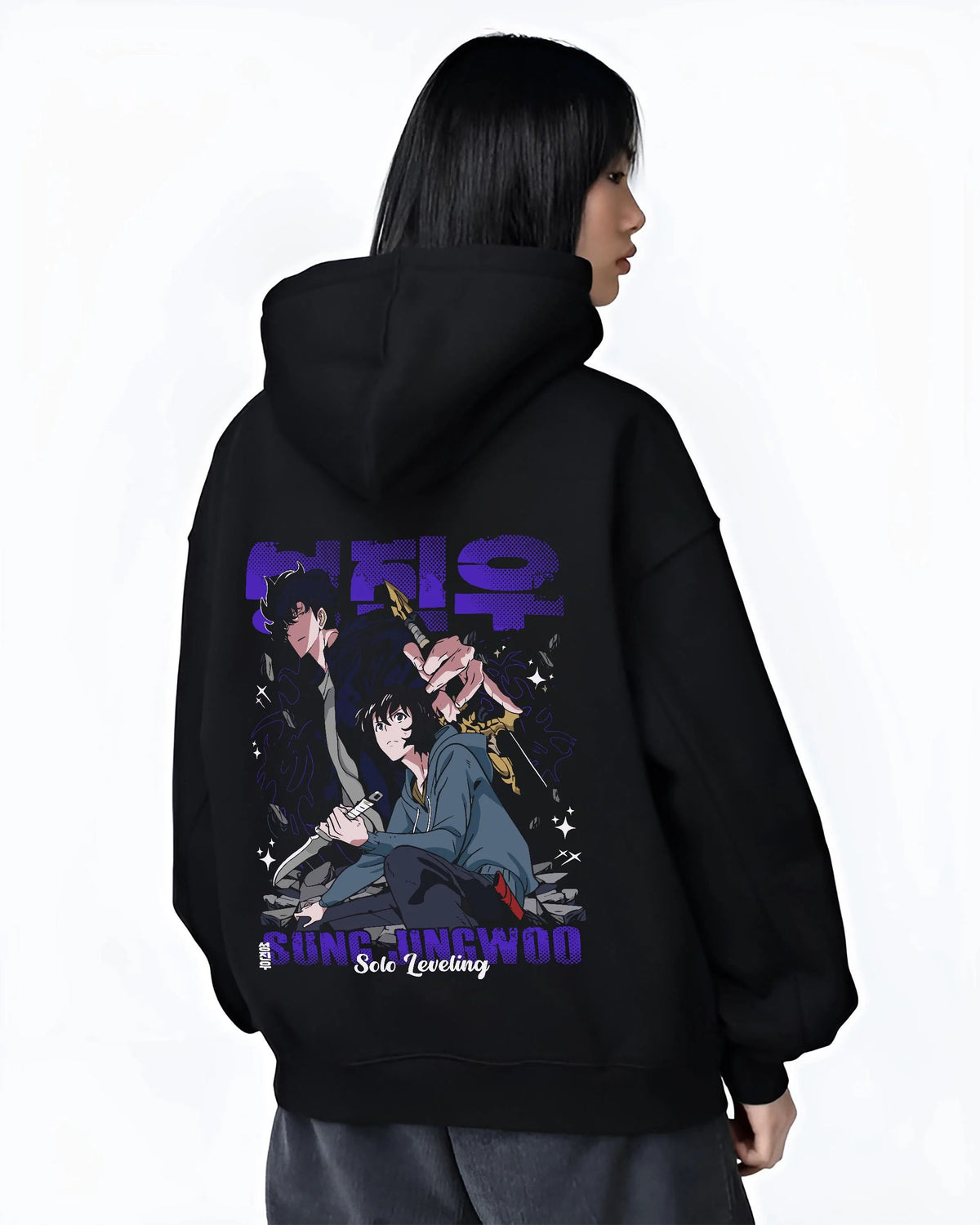Black hoodie worn by female model from the back featuring Sung Jin-Woo ice dragon shadow battle artwork.