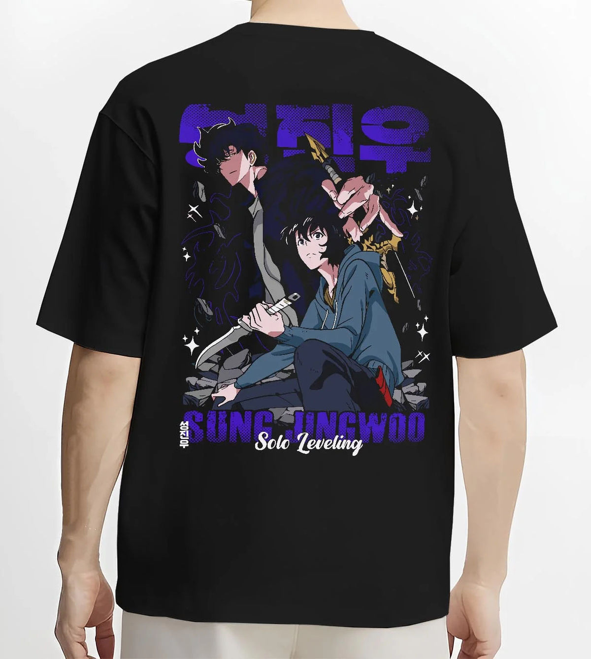 Black T-shirt worn by male model from the back featuring Sung Jin-Woo ice dragon shadow battle artwork.