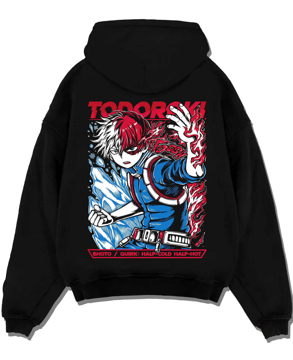 Black hoodie laid flat featuring Shoto Todoroki Half Cold Half Hot artwork.