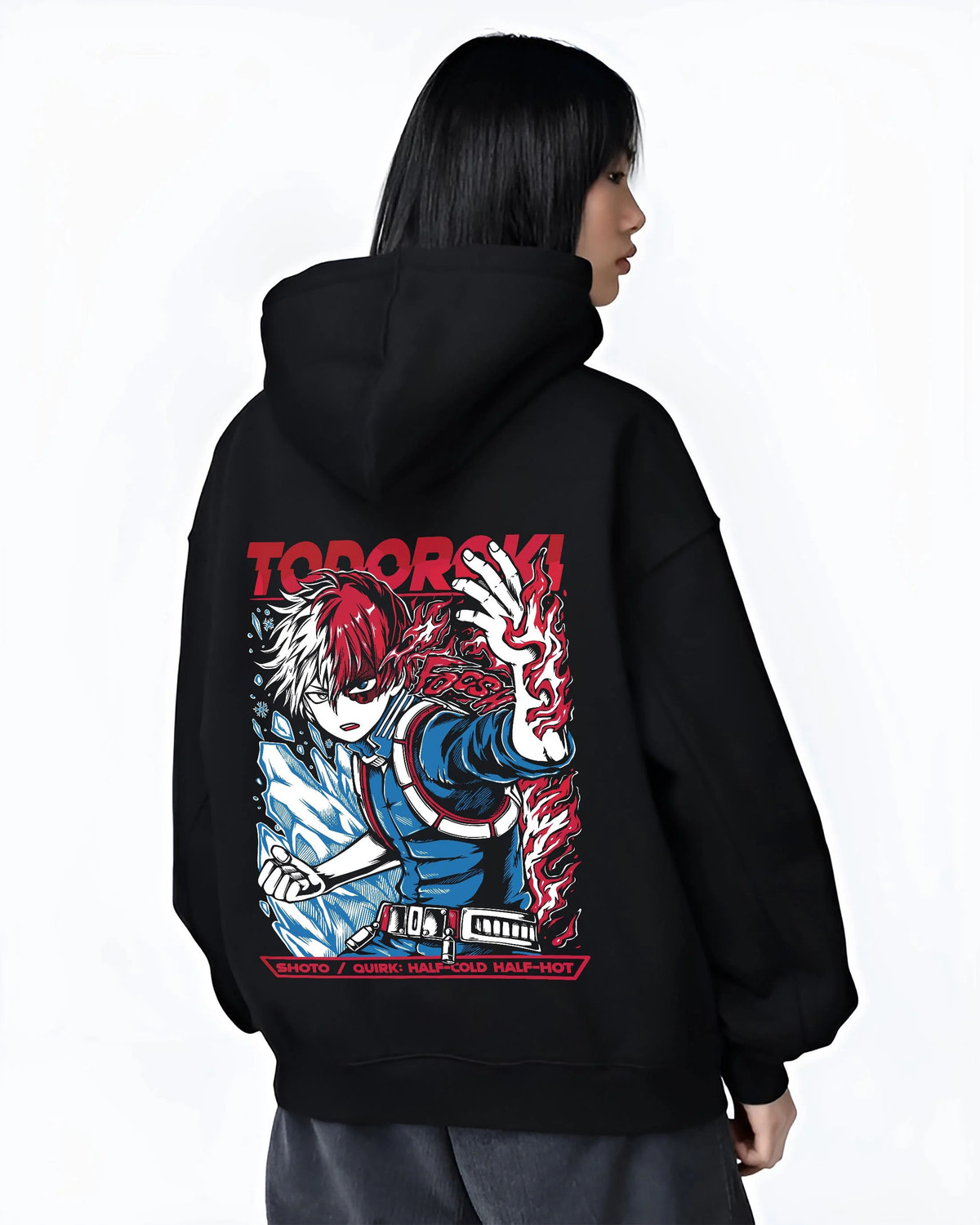 Black hoodie worn by female model from the back featuring Shoto Todoroki Half Cold Half Hot artwork.