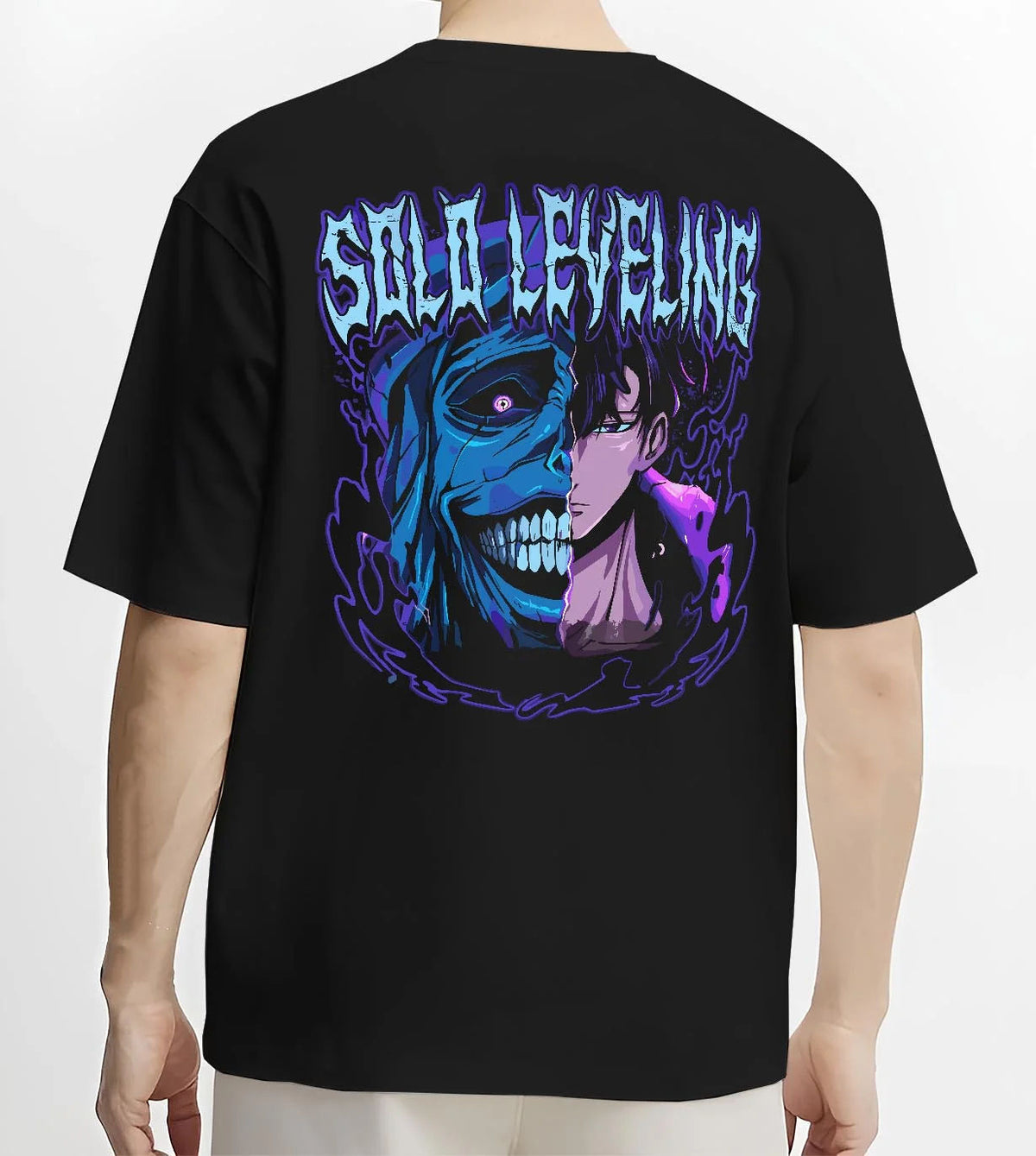 Black T-shirt worn by male model from the back featuring Solo Leveling frost demon Ice King artwork.