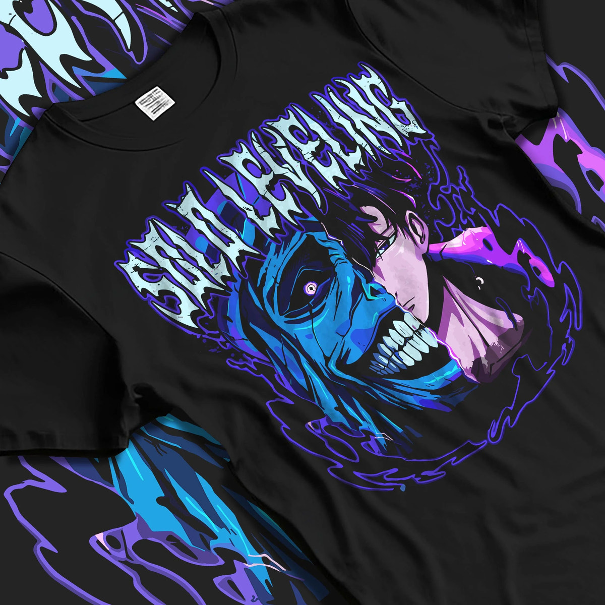 Black T-shirt laid flat with natural folds featuring Solo Leveling frost demon Ice King artwork.